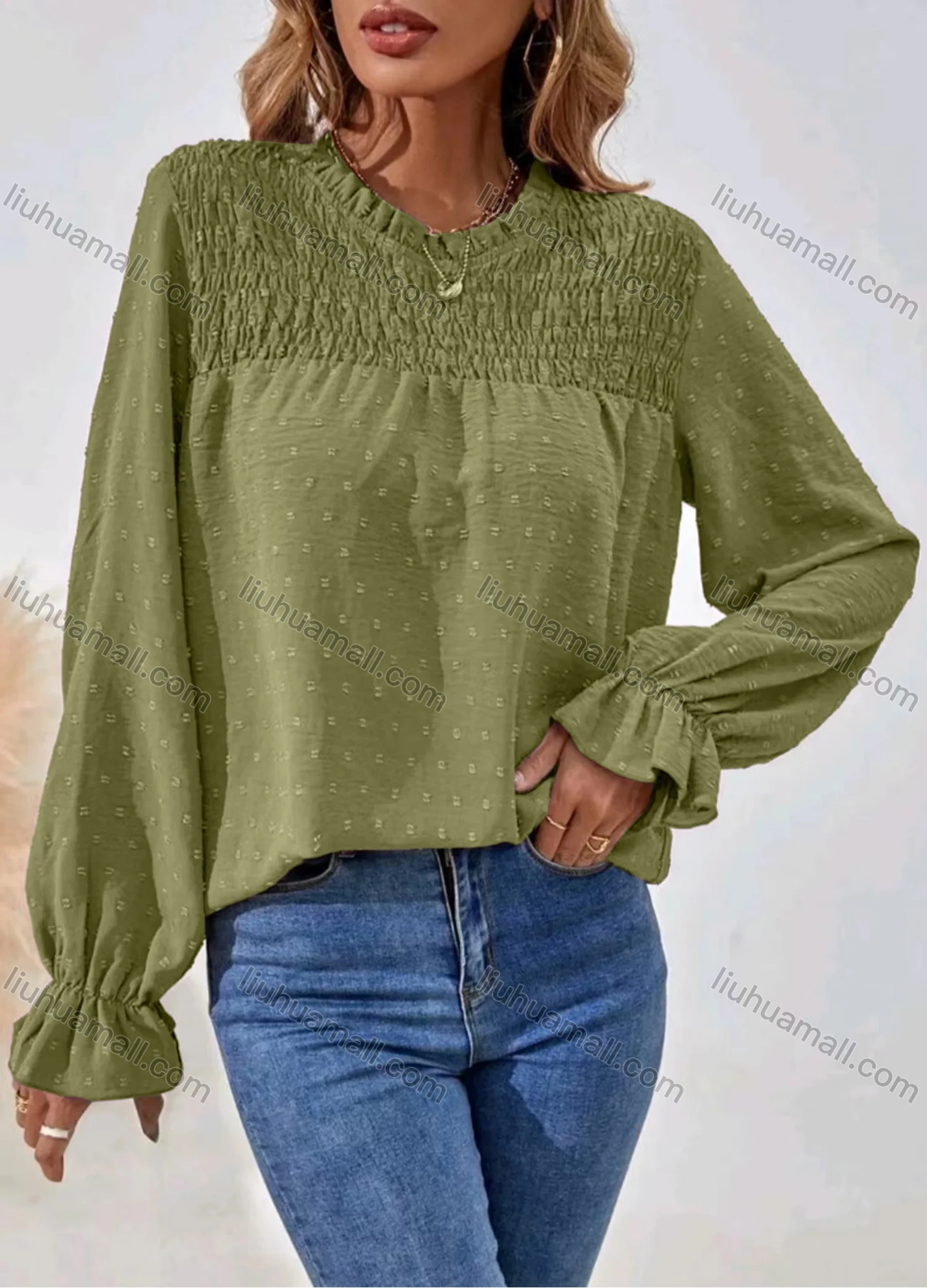 Wholesale Women's Casual Plain Shirred Swiss Dot Long Sleeve Blouse - Liuhuamall