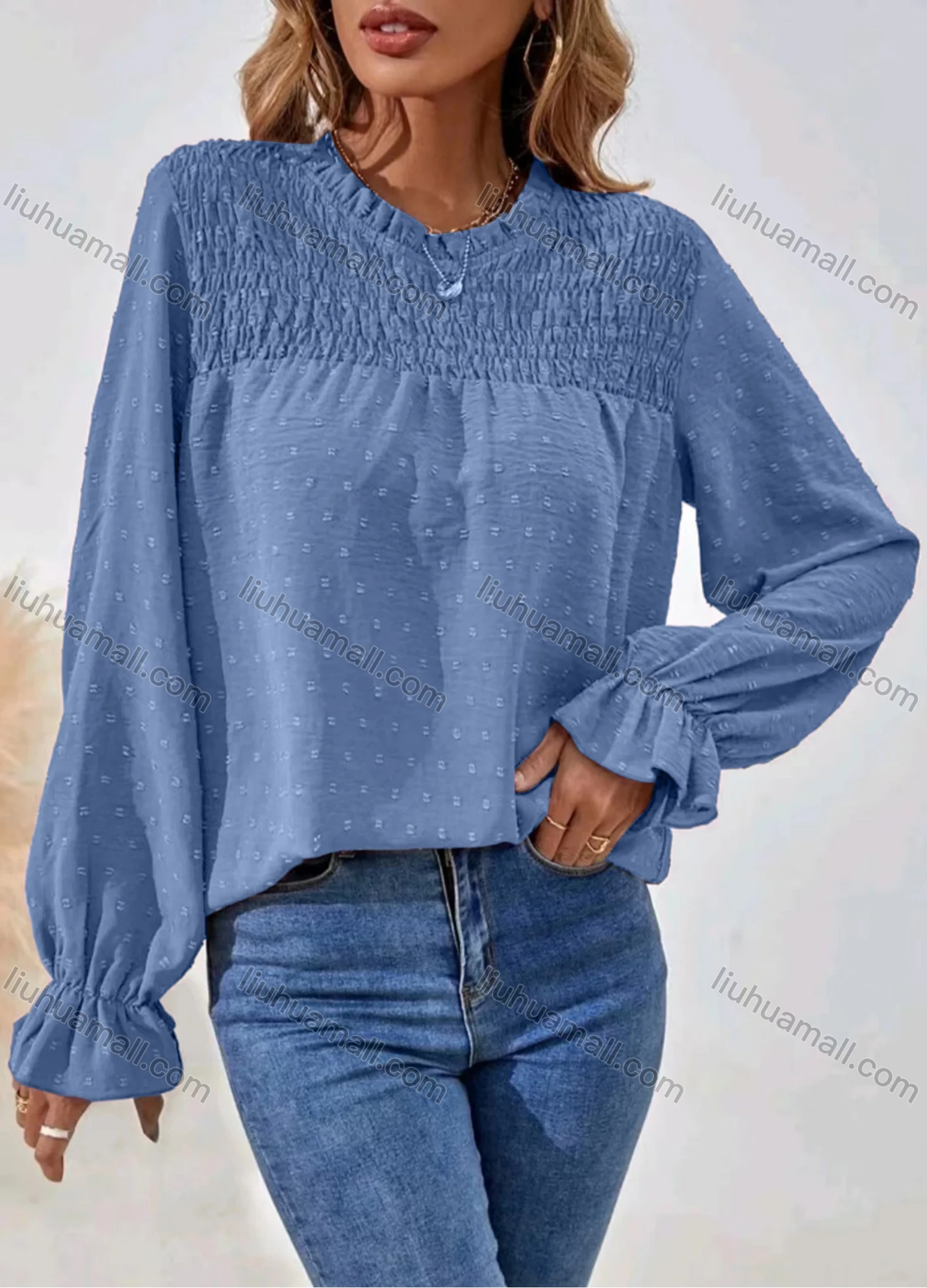 Wholesale Women's Casual Plain Shirred Swiss Dot Long Sleeve Blouse - Liuhuamall