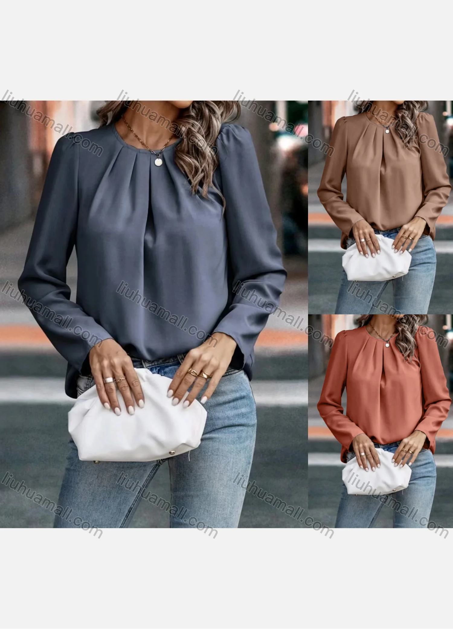 Wholesale Women's Casual Plain Ruched Long Sleeve Blouse - Liuhuamall