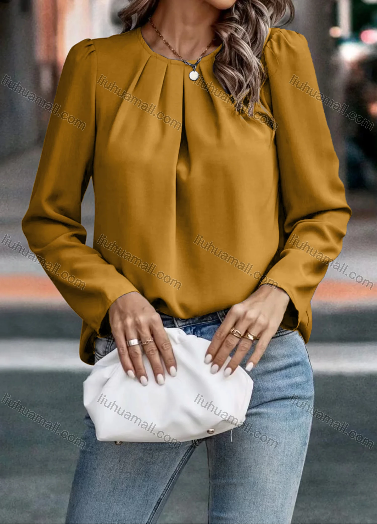 Wholesale Women's Casual Plain Ruched Long Sleeve Blouse - Liuhuamall