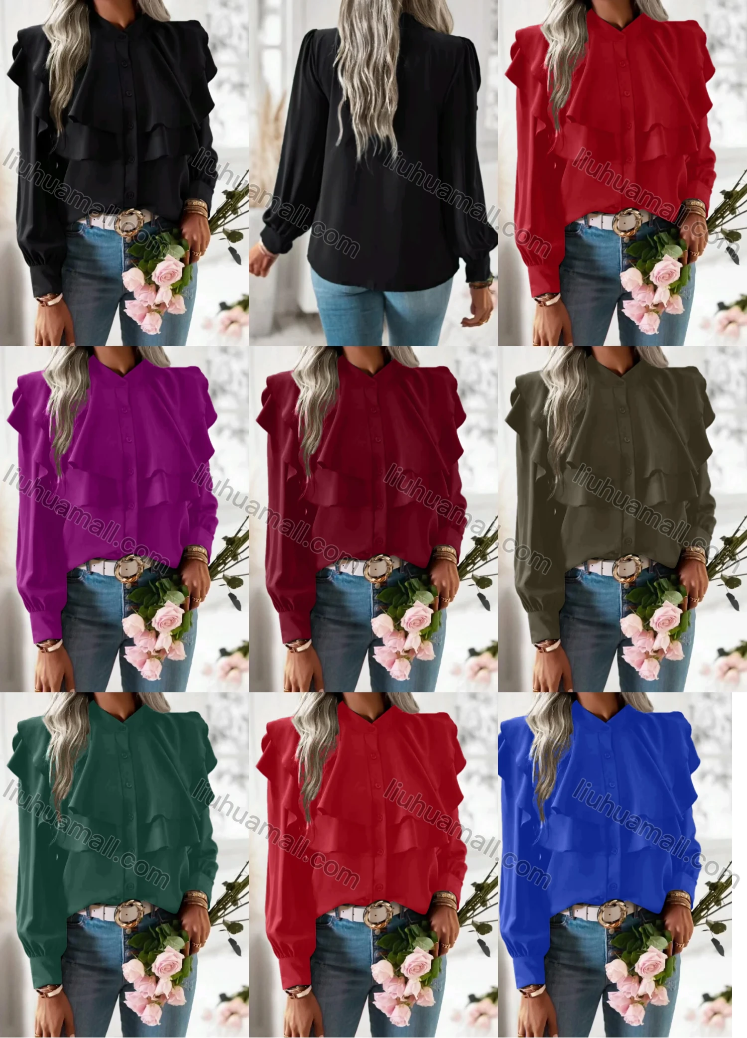 Wholesale Women's Casual Ruffle Trim Plain Layered Long Sleeve Button Down Blouse - Liuhuamall