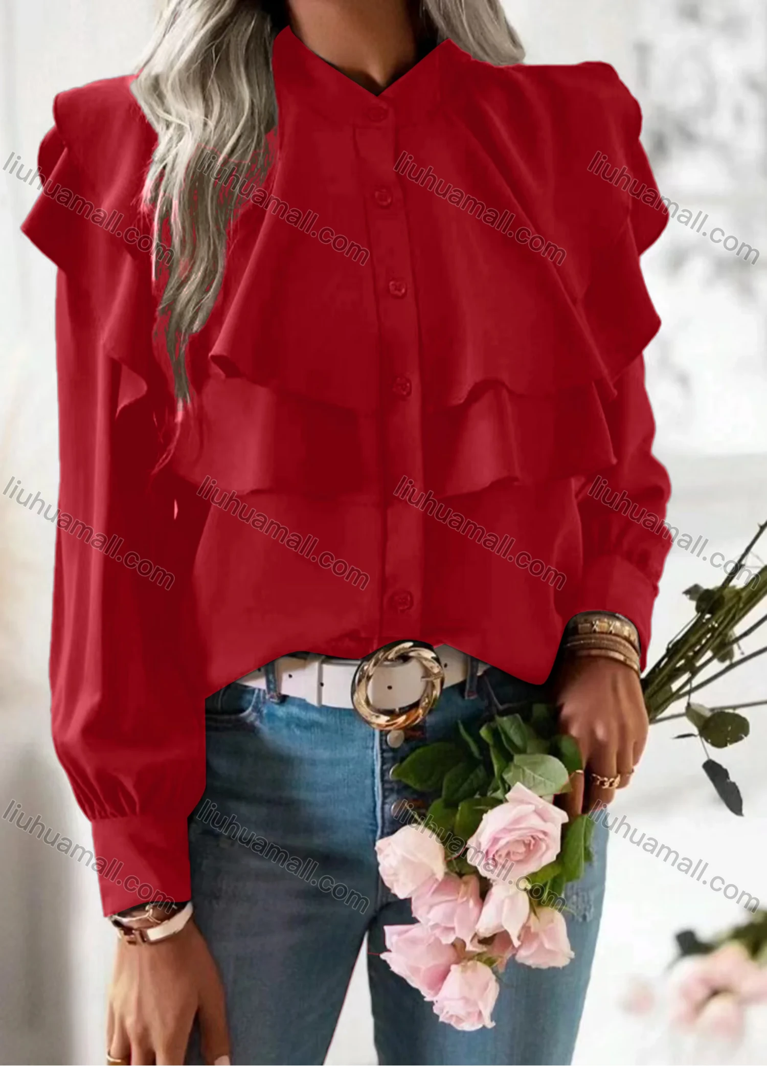 Wholesale Women's Casual Ruffle Trim Plain Layered Long Sleeve Button Down Blouse - Liuhuamall