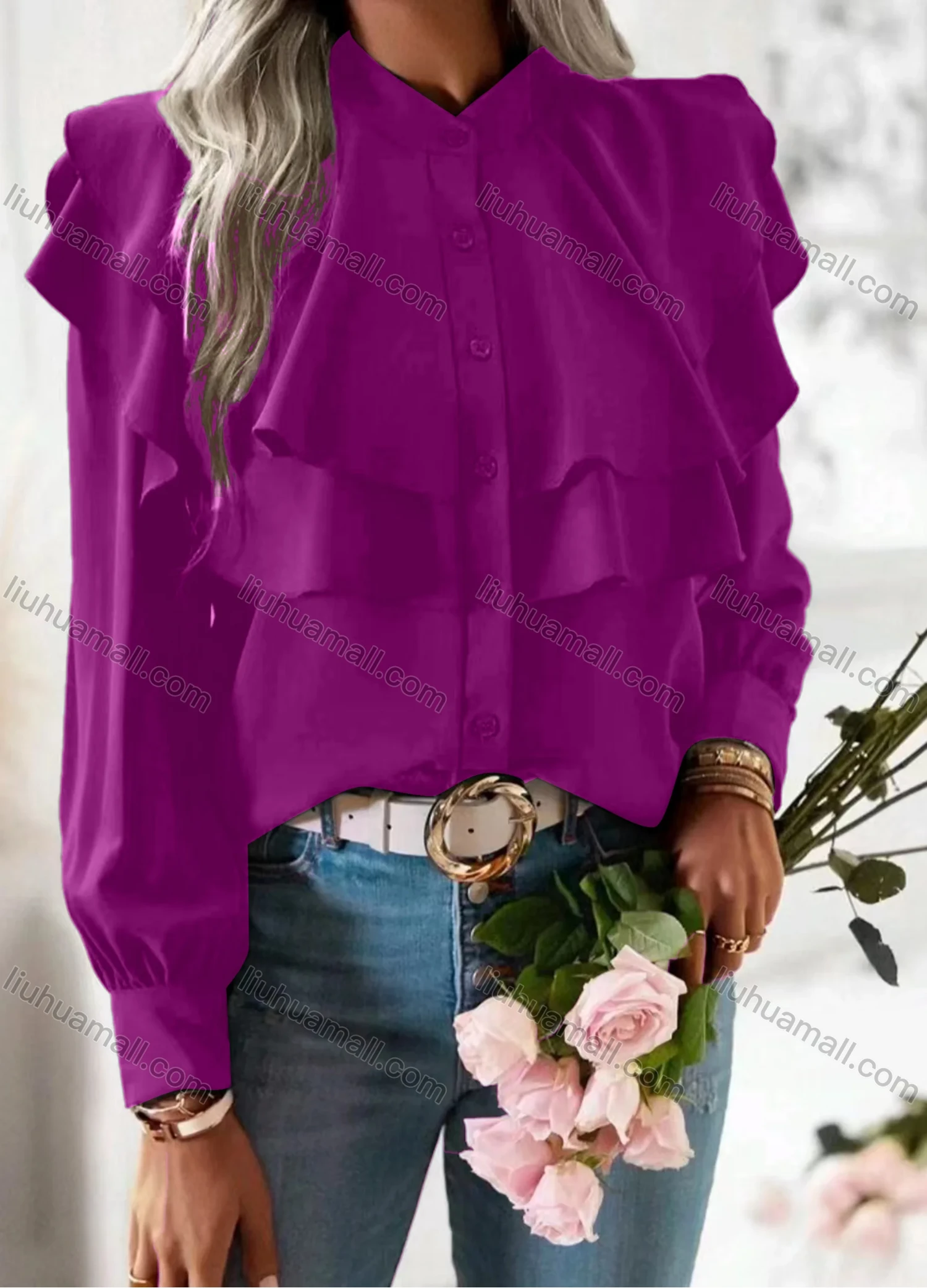 Wholesale Women's Casual Ruffle Trim Plain Layered Long Sleeve Button Down Blouse - Liuhuamall