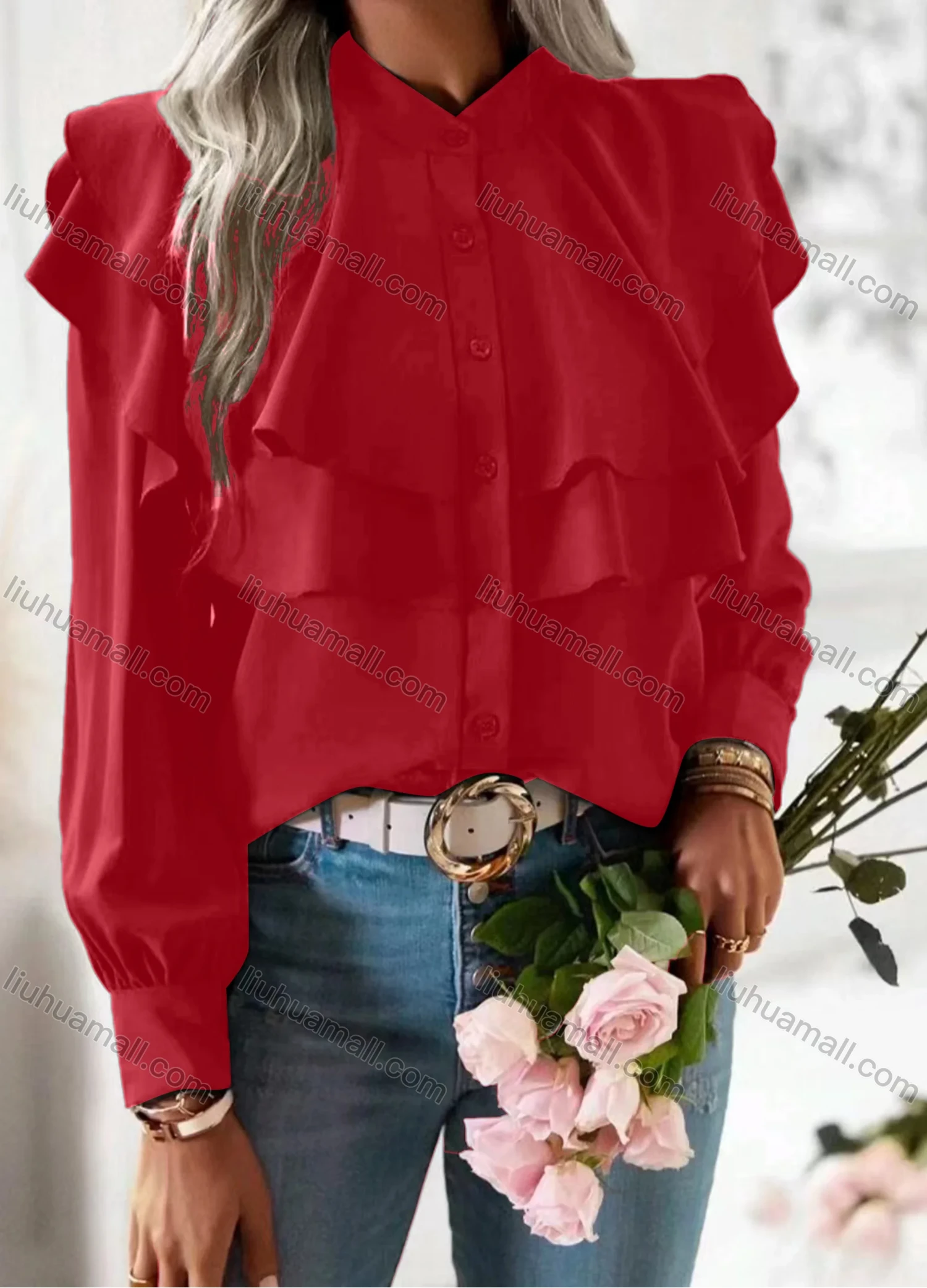 Wholesale Women's Casual Ruffle Trim Plain Layered Long Sleeve Button Down Blouse - Liuhuamall