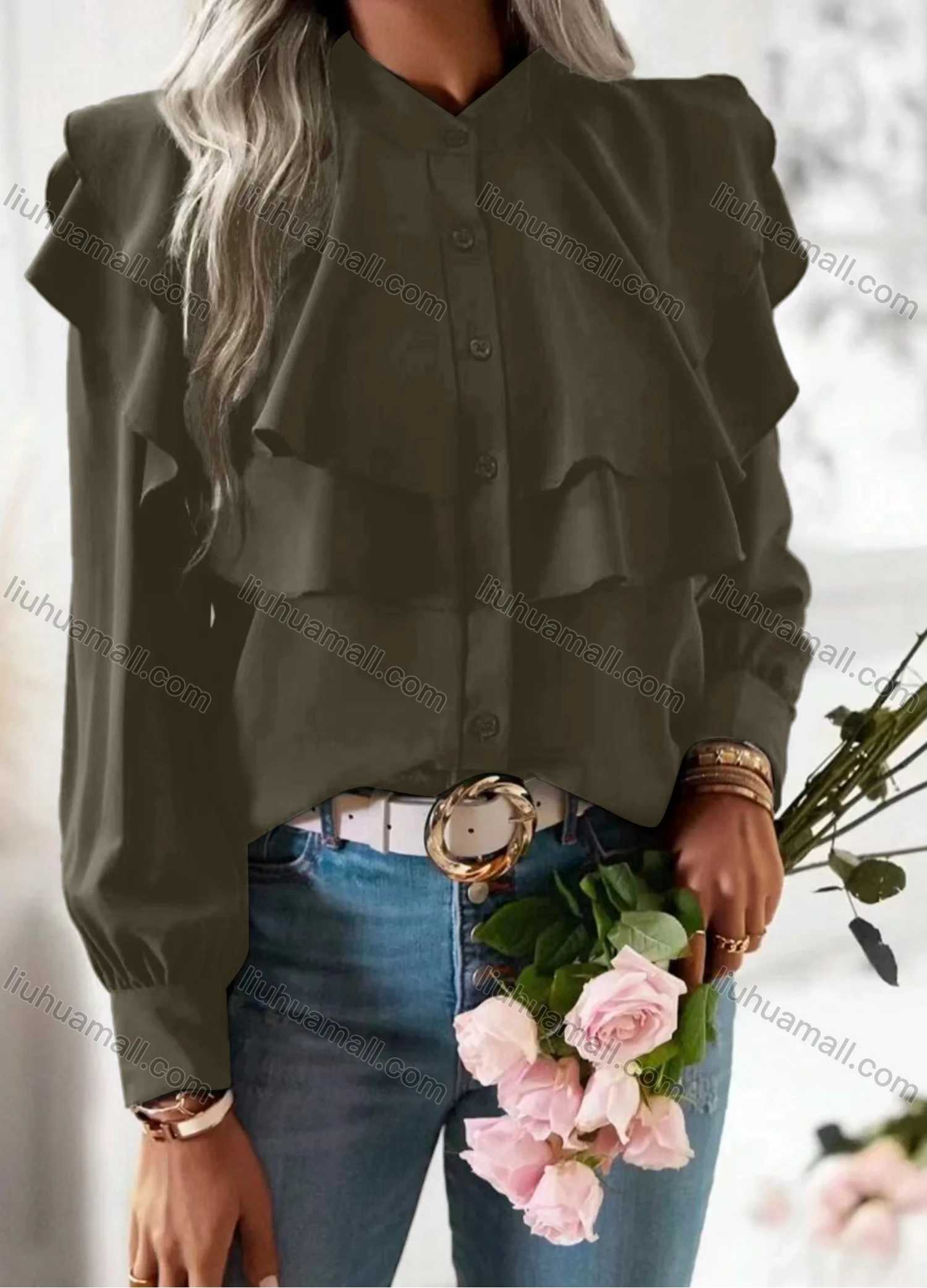 Wholesale Women's Casual Ruffle Trim Plain Layered Long Sleeve Button Down Blouse - Liuhuamall