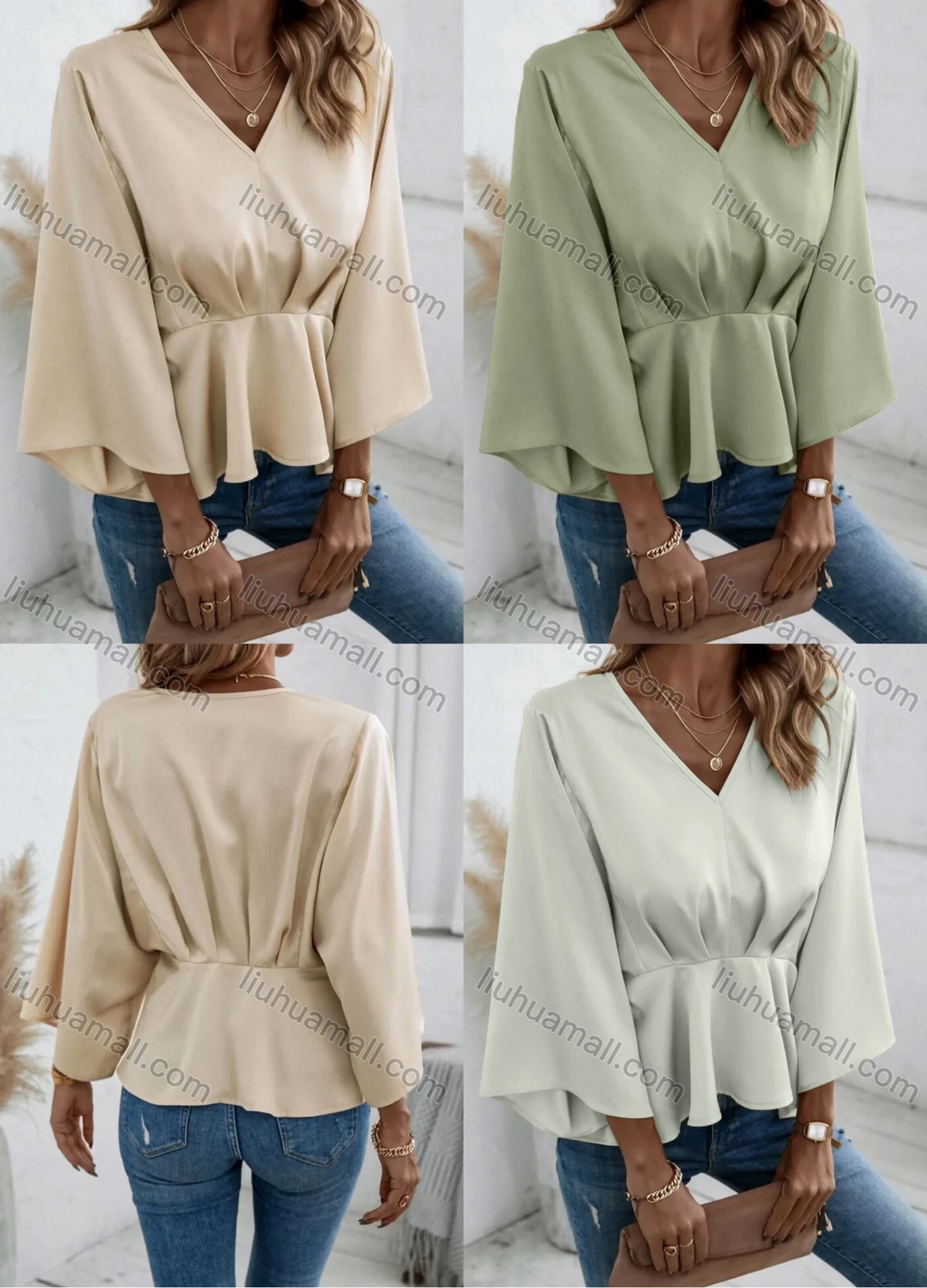 Wholesale Women's Casual Plain V Neck Long Sleeve Ruffle Hem Blouse - Liuhuamall