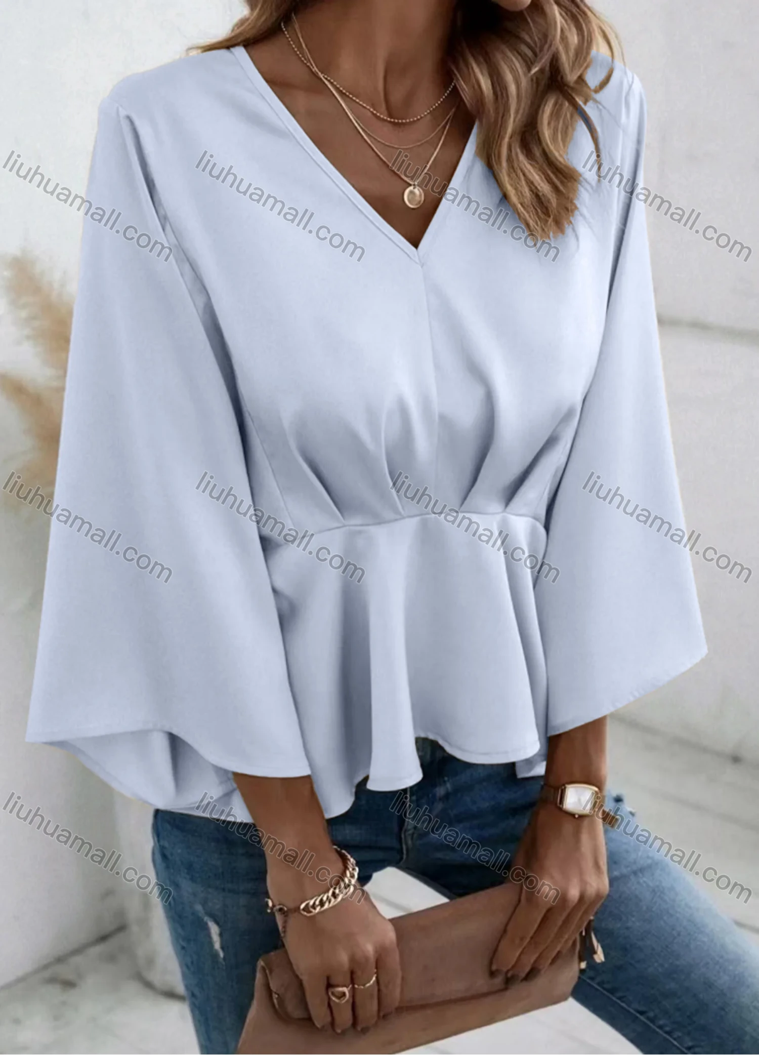 Wholesale Women's Casual Plain V Neck Long Sleeve Ruffle Hem Blouse - Liuhuamall