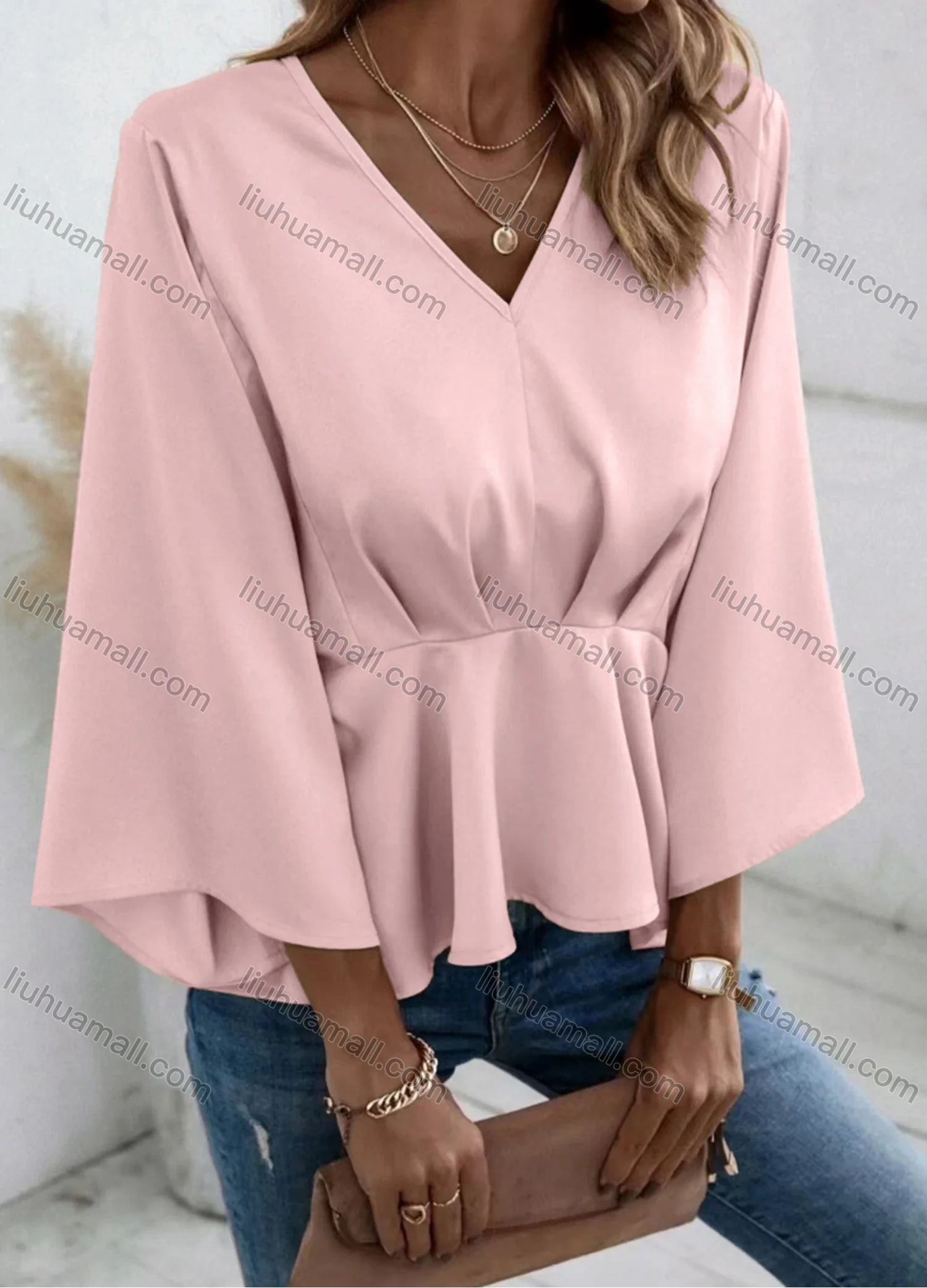 Wholesale Women's Casual Plain V Neck Long Sleeve Ruffle Hem Blouse - Liuhuamall