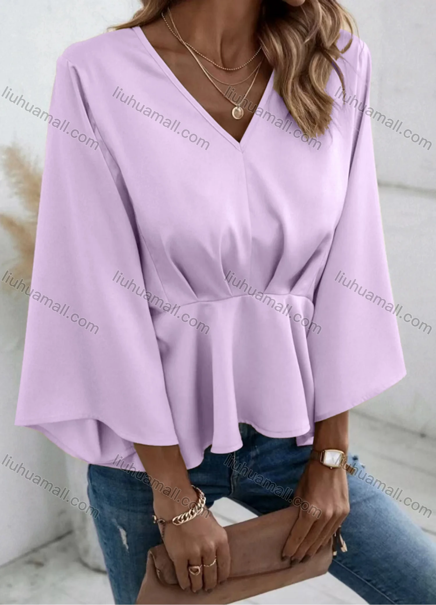 Wholesale Women's Casual Plain V Neck Long Sleeve Ruffle Hem Blouse - Liuhuamall