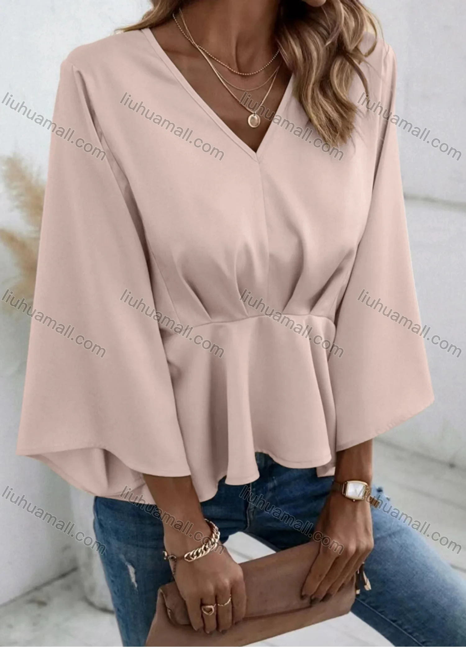 Wholesale Women's Casual Plain V Neck Long Sleeve Ruffle Hem Blouse - Liuhuamall