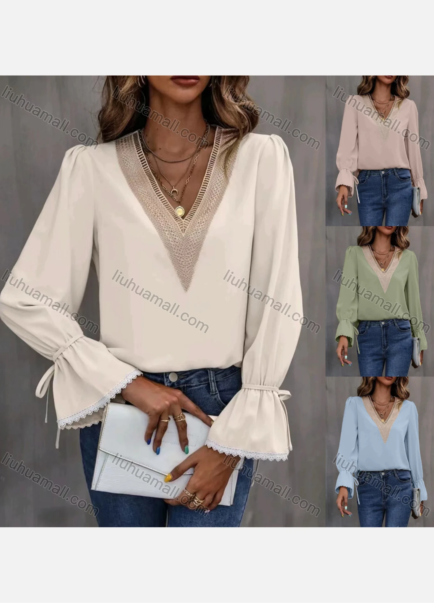 Wholesale Women's Casual Plain V Neck Embroidery Long Sleeve Blouse - Liuhuamall