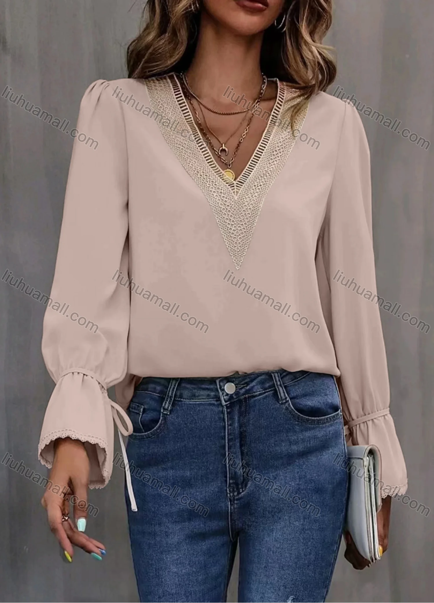Wholesale Women's Casual Plain V Neck Embroidery Long Sleeve Blouse - Liuhuamall