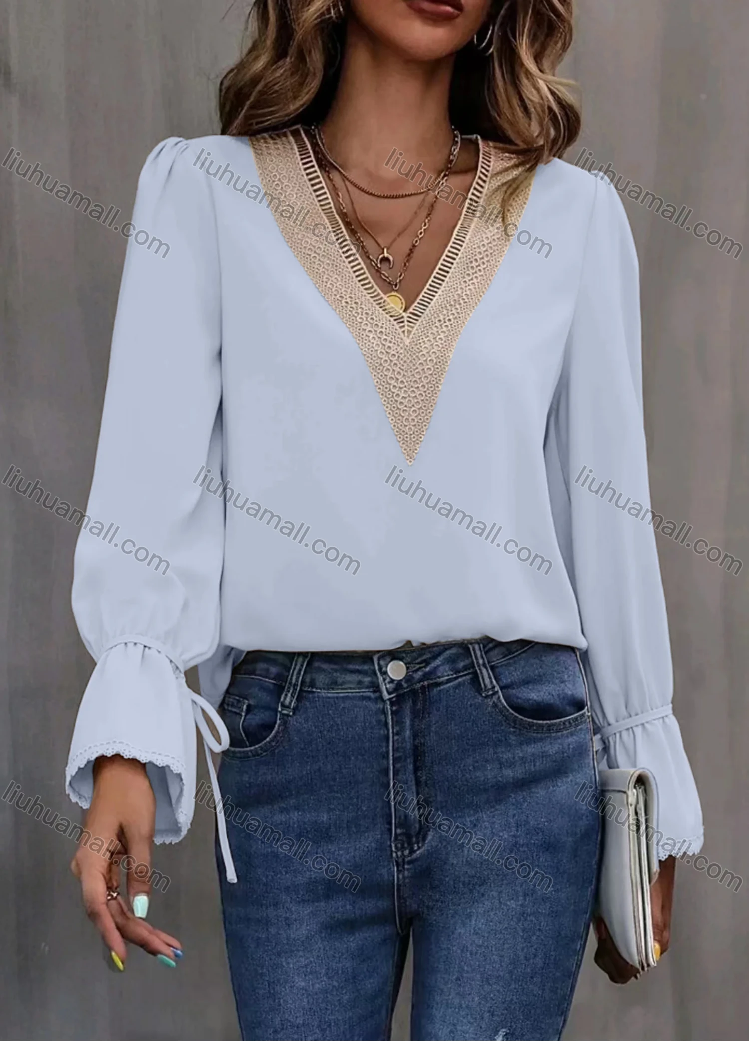 Wholesale Women's Casual Plain V Neck Embroidery Long Sleeve Blouse - Liuhuamall