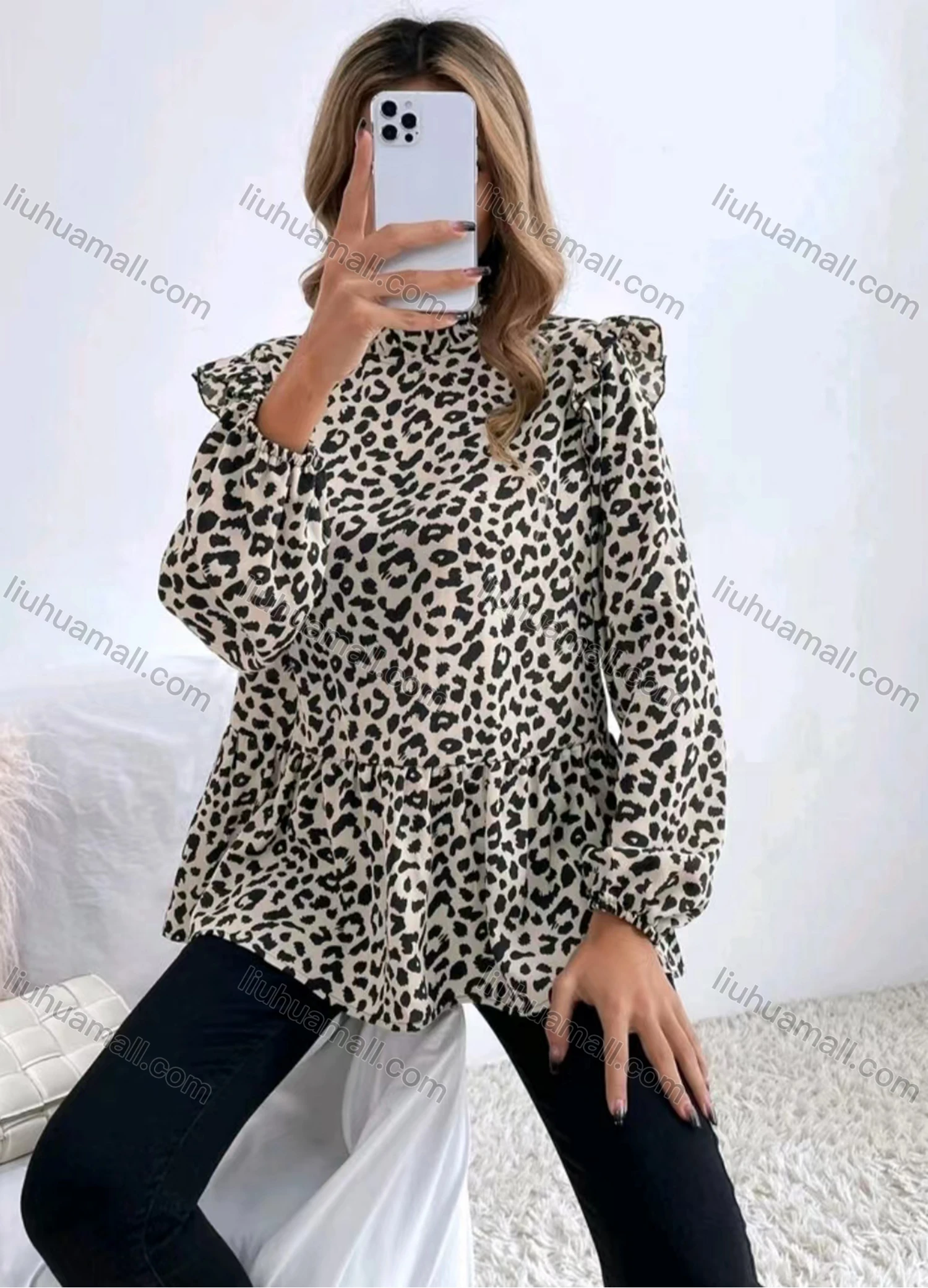 Wholesale Women's Casual Leopard Print Mock Neck Ruffle Trim Long Sleeve Ruffle Hem Blouse - Liuhuamall