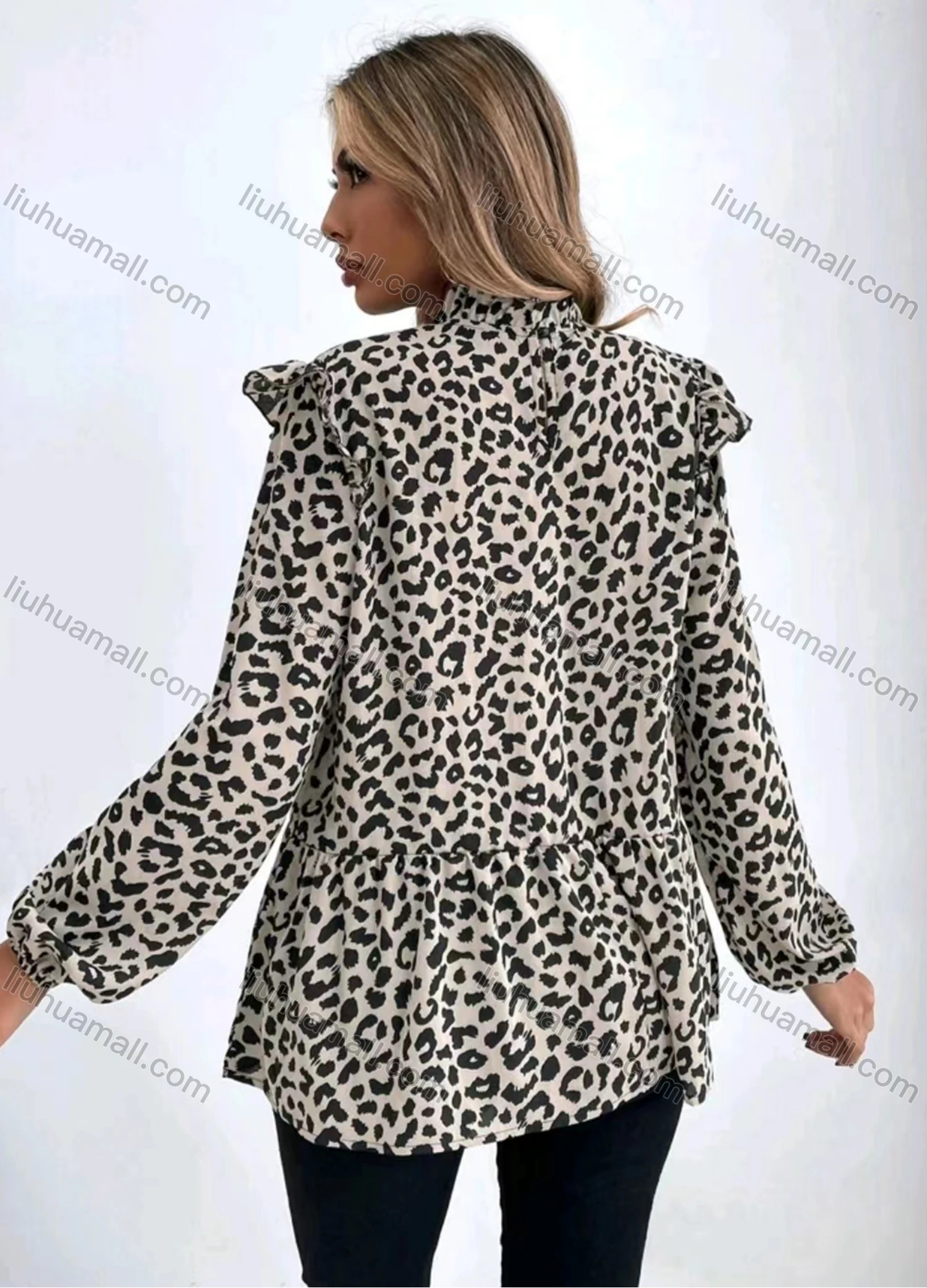 Wholesale Women's Casual Leopard Print Mock Neck Ruffle Trim Long Sleeve Ruffle Hem Blouse - Liuhuamall