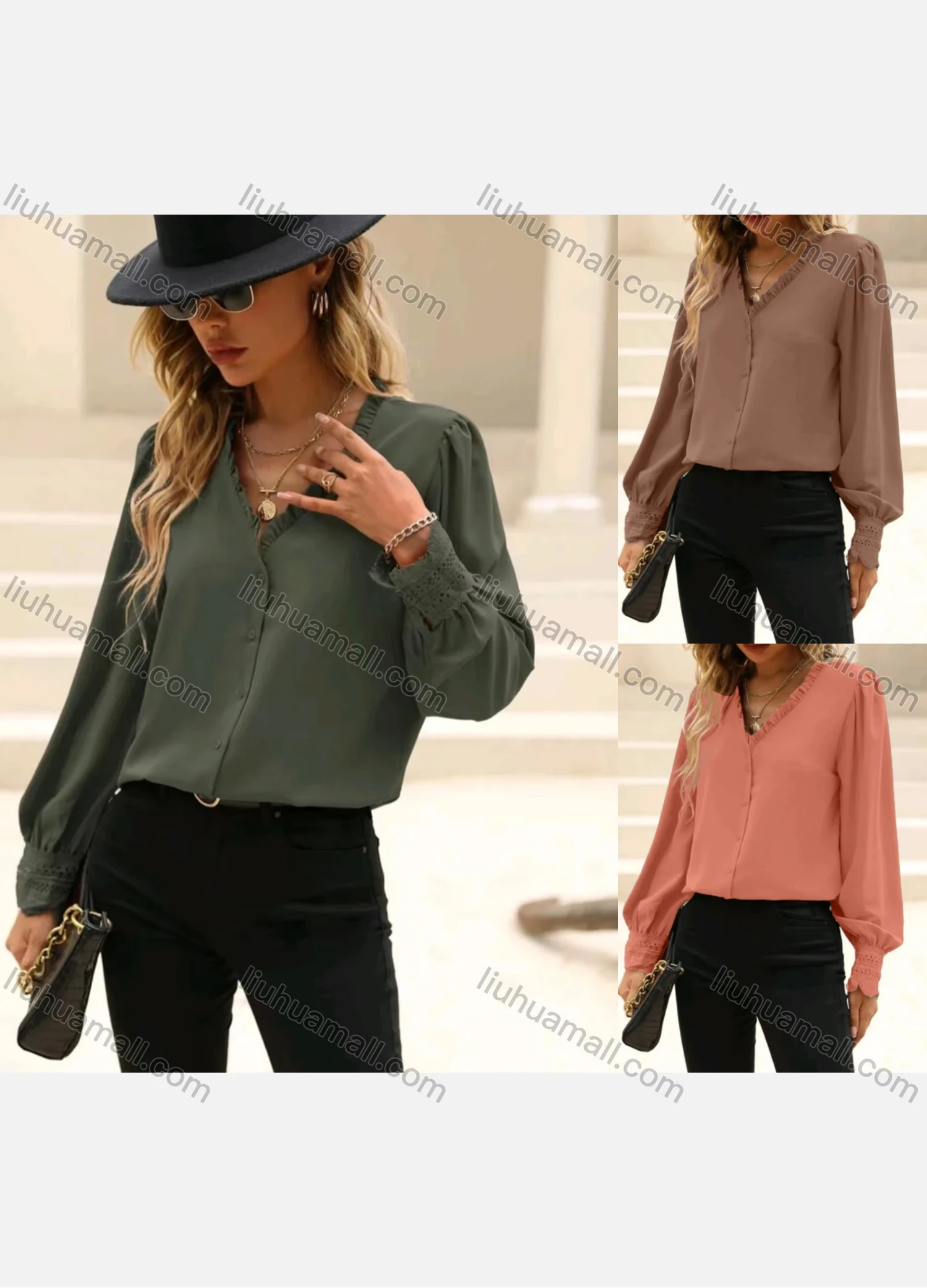 Wholesale Women's Casual Plain Ruffle Trim Button Down Long Sleeve Blouse - Liuhuamall