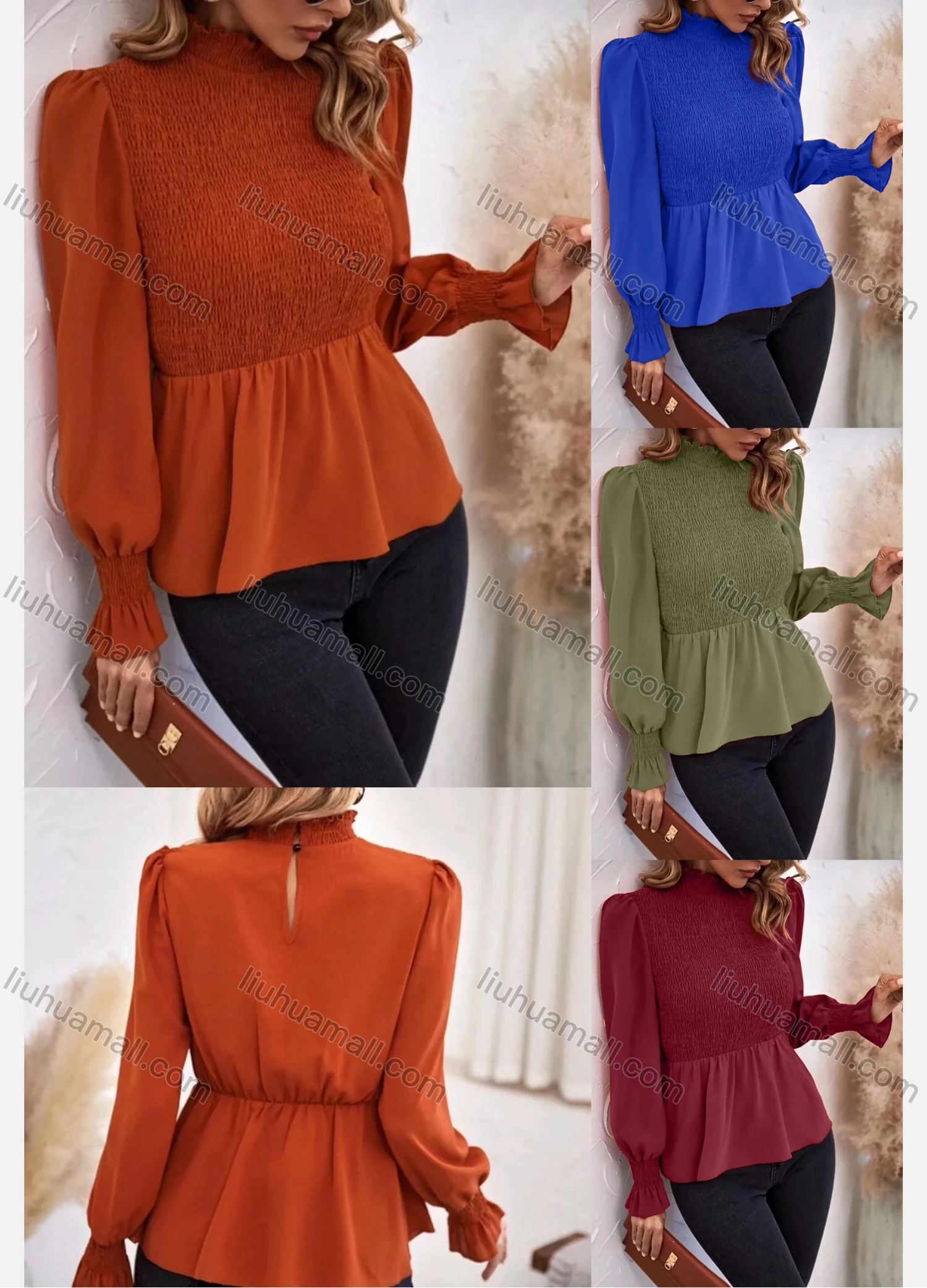 Wholesale Women's Casual Plain Mock Neck Shirred Long Sleeve Ruffle Hem Blouse - Liuhuamall