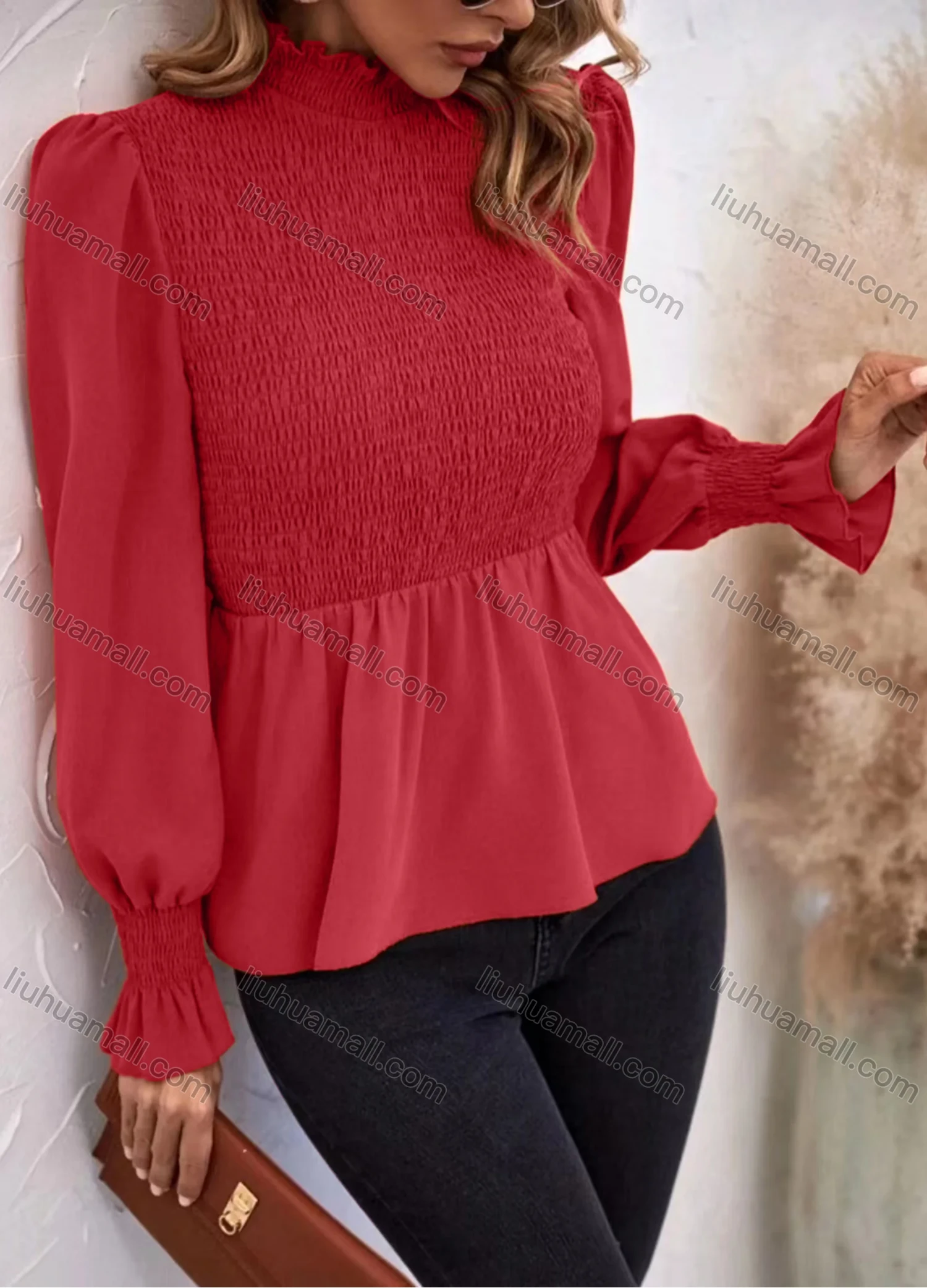Wholesale Women's Casual Plain Mock Neck Shirred Long Sleeve Ruffle Hem Blouse - Liuhuamall