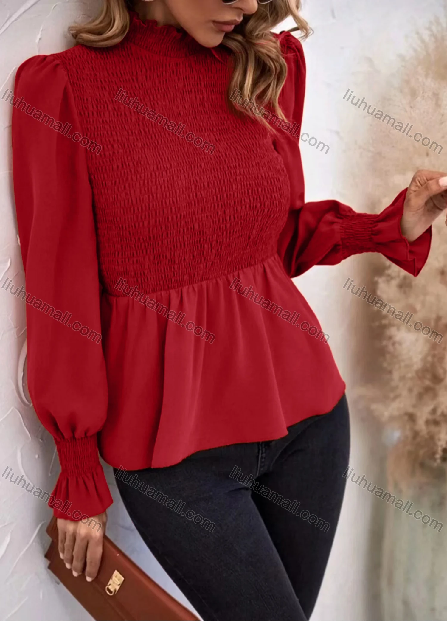Wholesale Women's Casual Plain Mock Neck Shirred Long Sleeve Ruffle Hem Blouse - Liuhuamall
