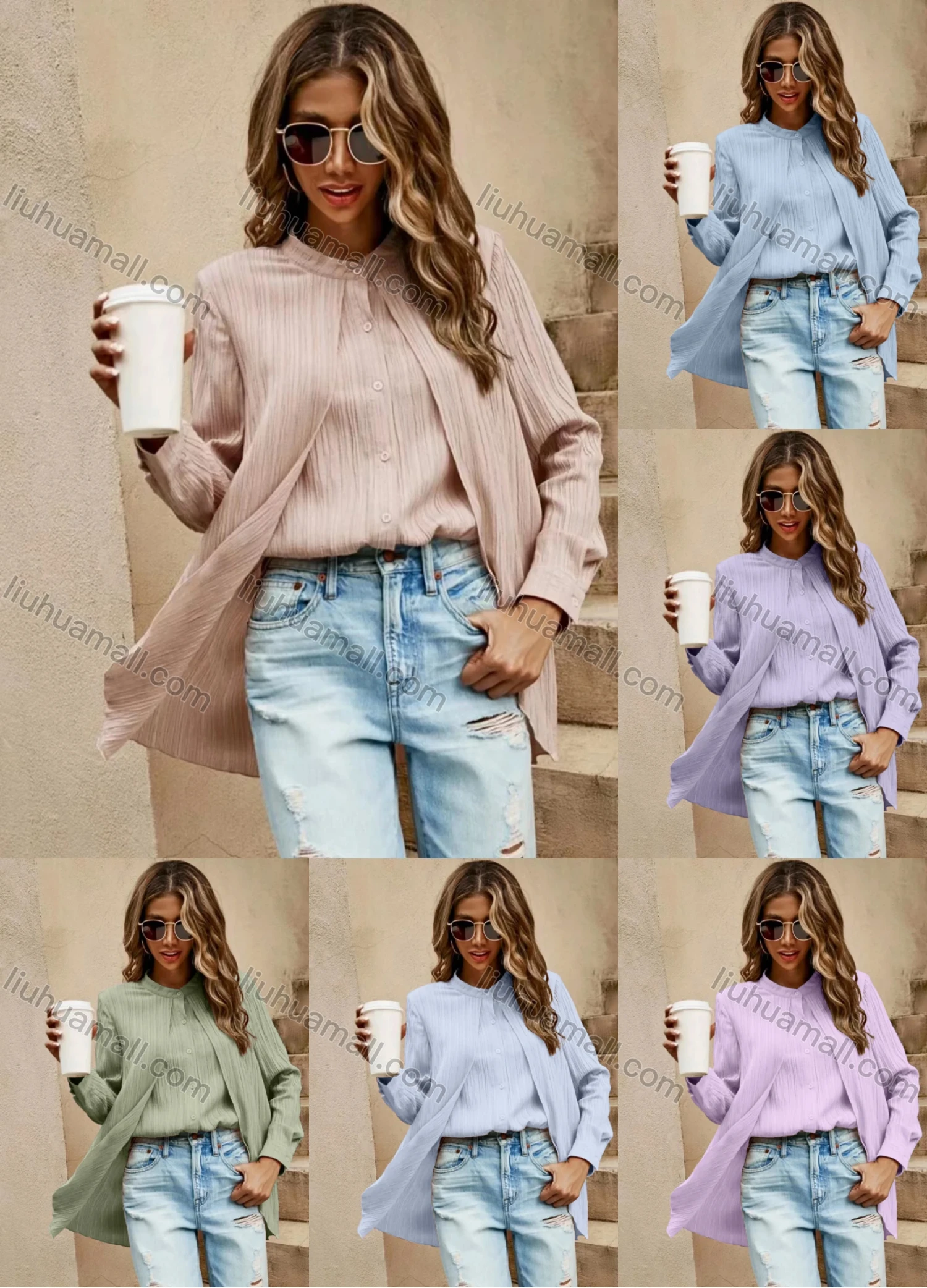 Wholesale Women's Casual Plain 2-in-1 Button Down Long Sleeve Blouse - Liuhuamall