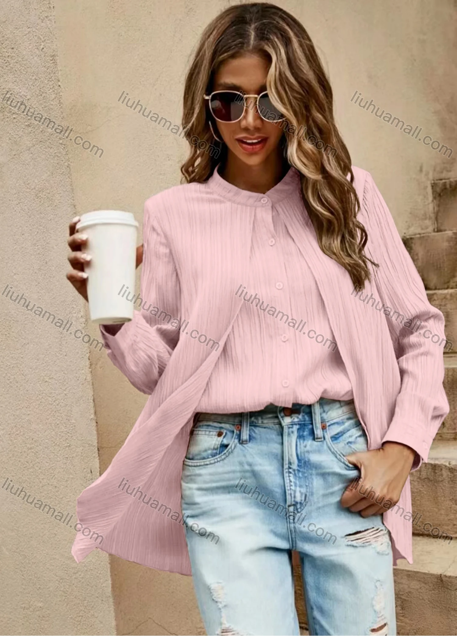 Wholesale Women's Casual Plain 2-in-1 Button Down Long Sleeve Blouse - Liuhuamall