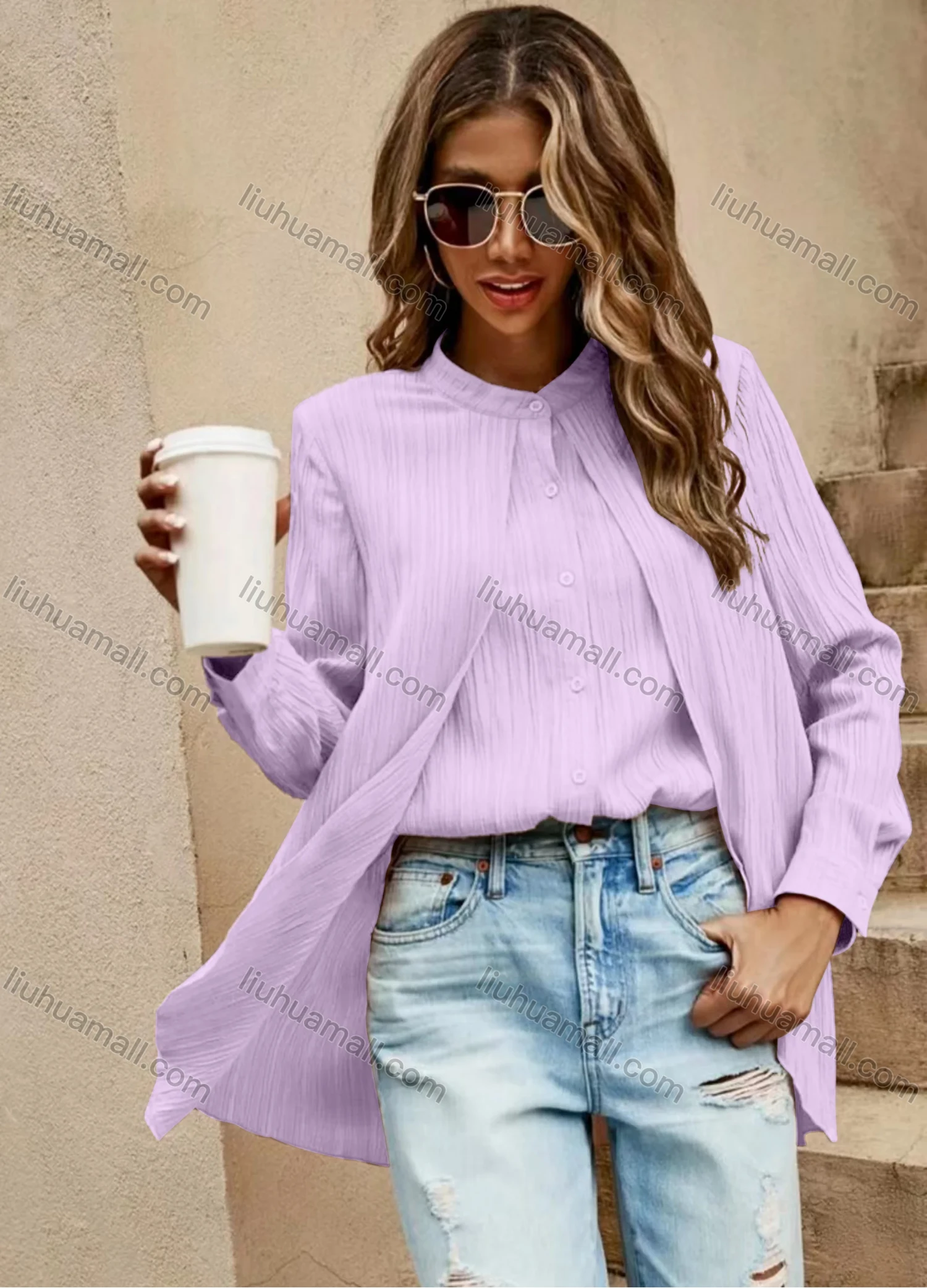 Wholesale Women's Casual Plain 2-in-1 Button Down Long Sleeve Blouse - Liuhuamall