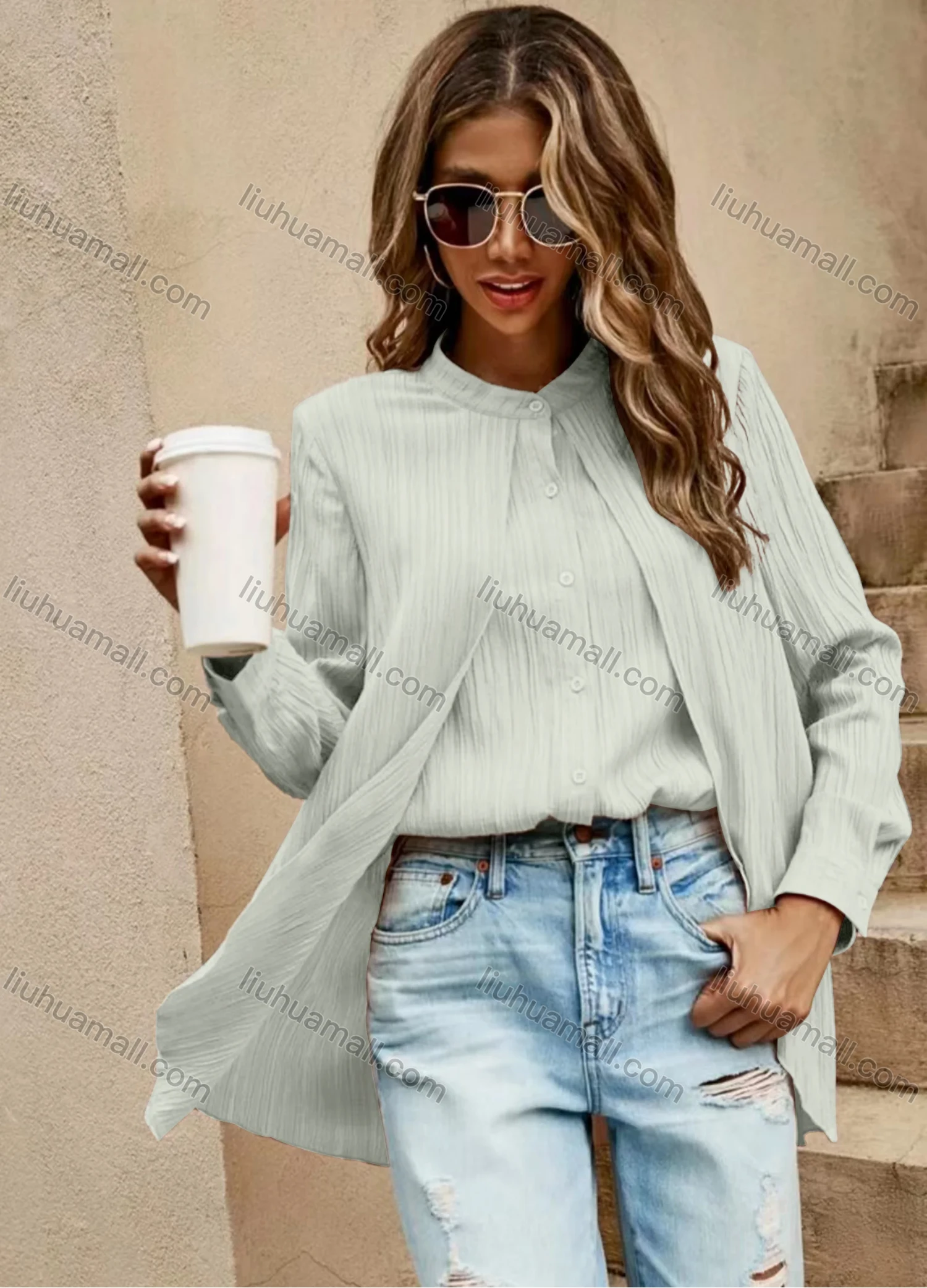 Wholesale Women's Casual Plain 2-in-1 Button Down Long Sleeve Blouse - Liuhuamall