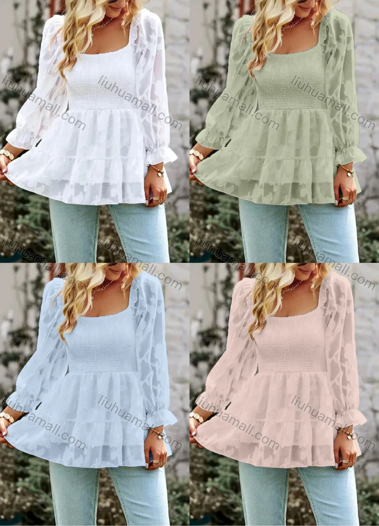 Wholesale Women's Casual Plain Square Neck Shirred Long Sleeve Ruffle Hem Blouse - Liuhuamall