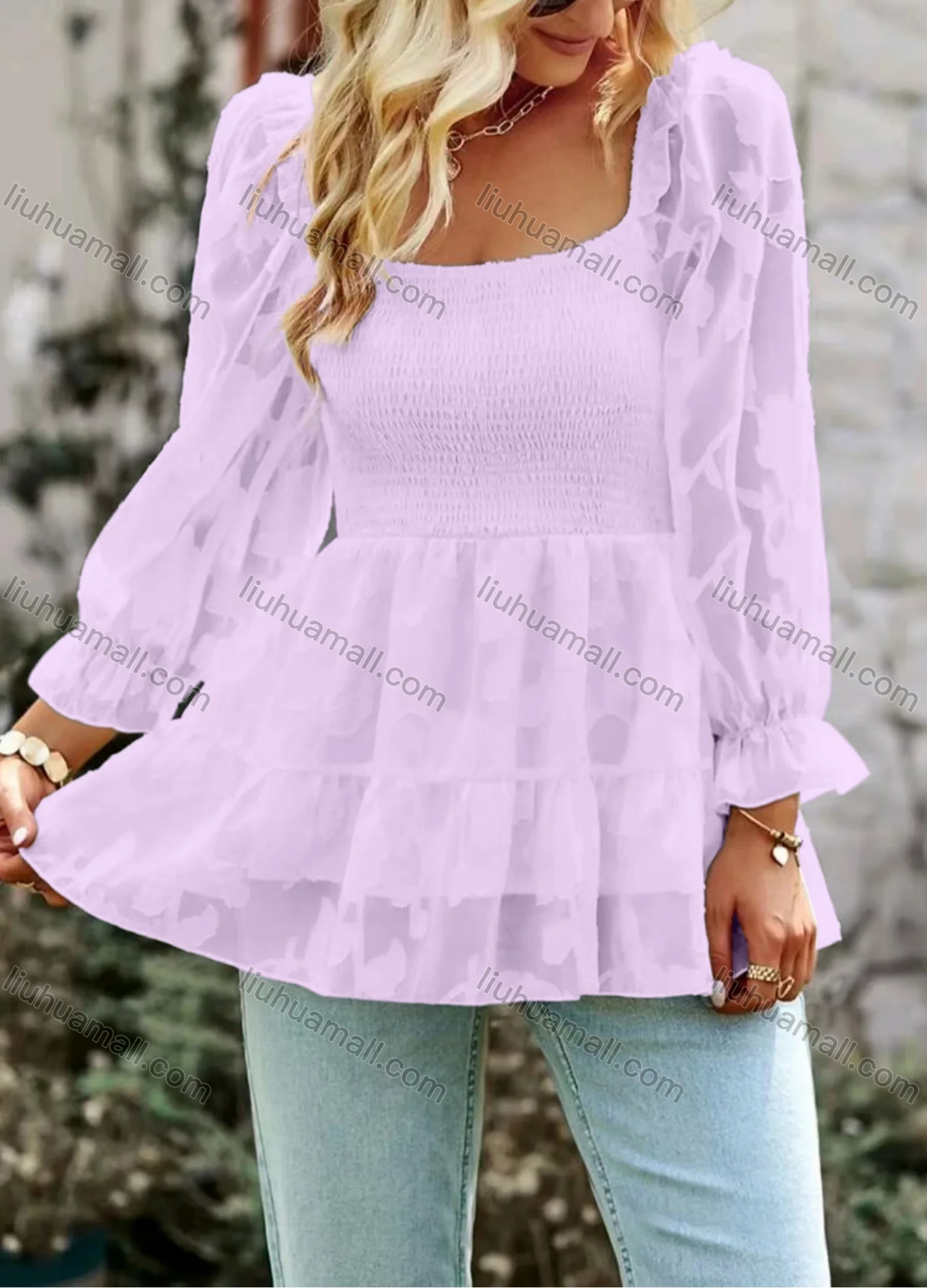 Wholesale Women's Casual Plain Square Neck Shirred Long Sleeve Ruffle Hem Blouse - Liuhuamall