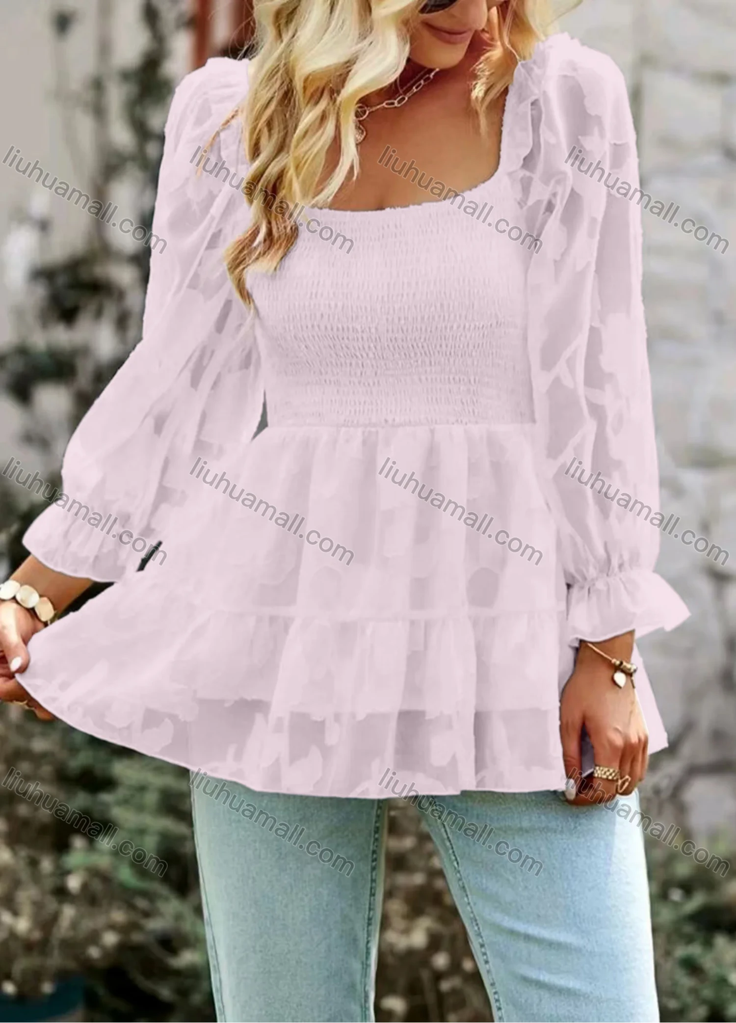 Wholesale Women's Casual Plain Square Neck Shirred Long Sleeve Ruffle Hem Blouse - Liuhuamall