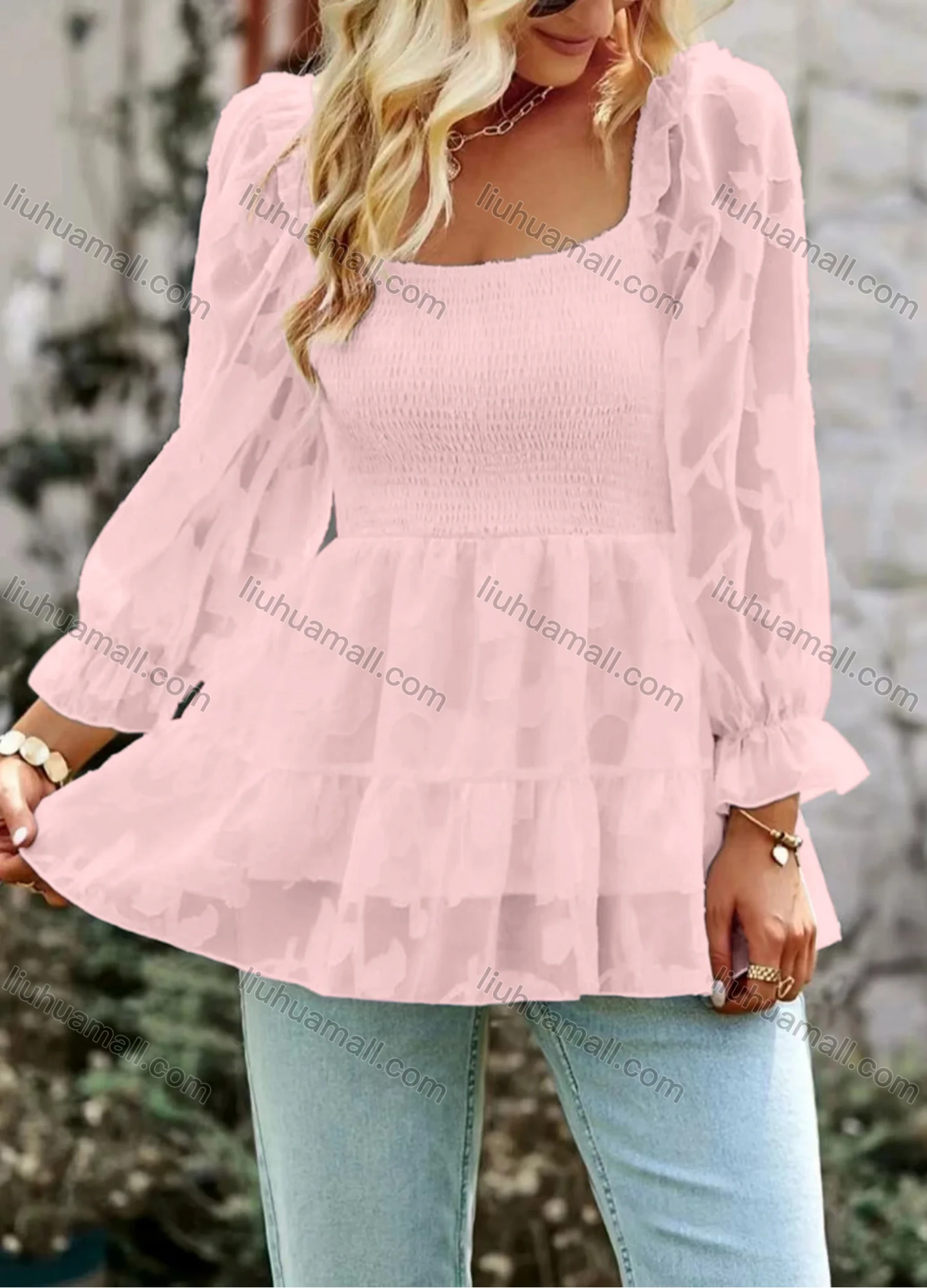 Wholesale Women's Casual Plain Square Neck Shirred Long Sleeve Ruffle Hem Blouse - Liuhuamall