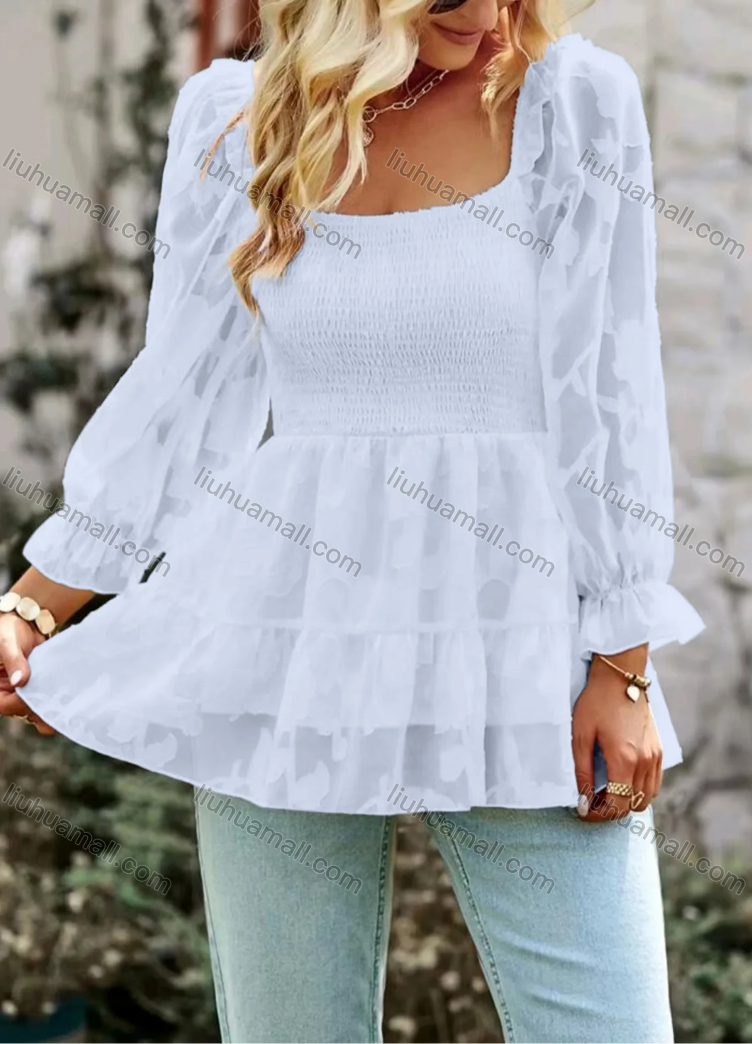 Wholesale Women's Casual Plain Square Neck Shirred Long Sleeve Ruffle Hem Blouse - Liuhuamall