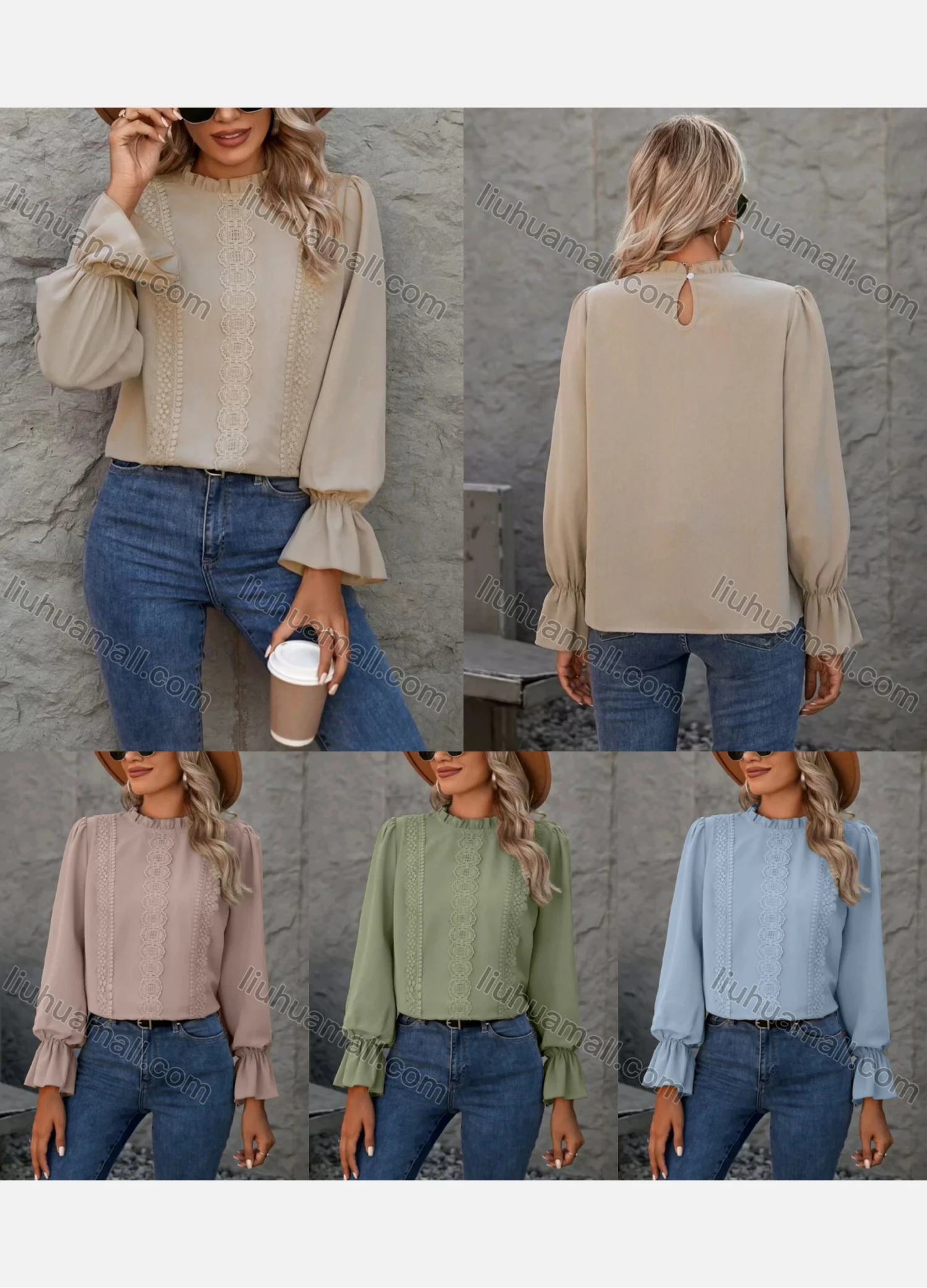 Wholesale Women's Casual Plain Lace Embroidery Long Sleeve Blouse - Liuhuamall