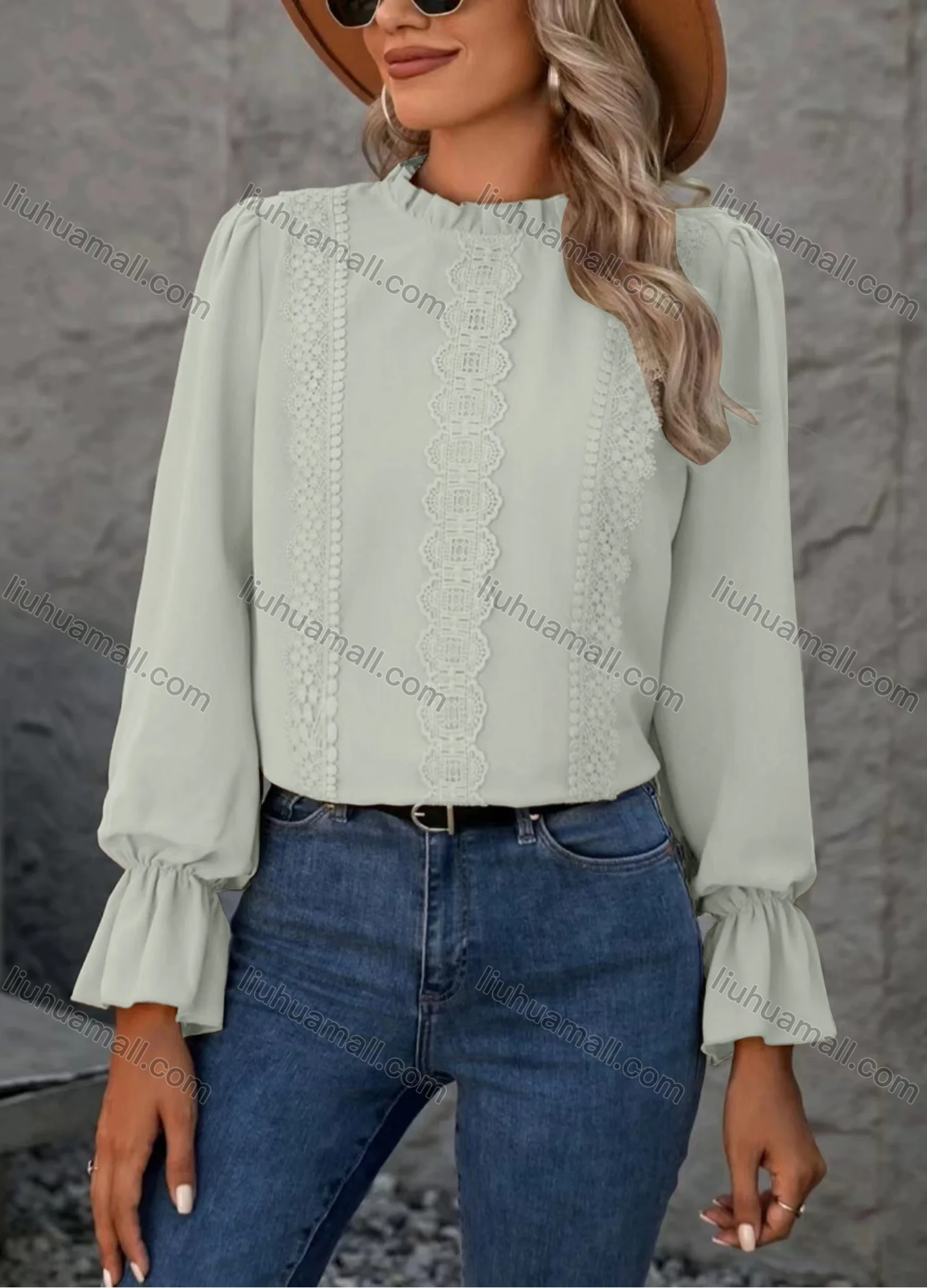 Wholesale Women's Casual Plain Lace Embroidery Long Sleeve Blouse - Liuhuamall