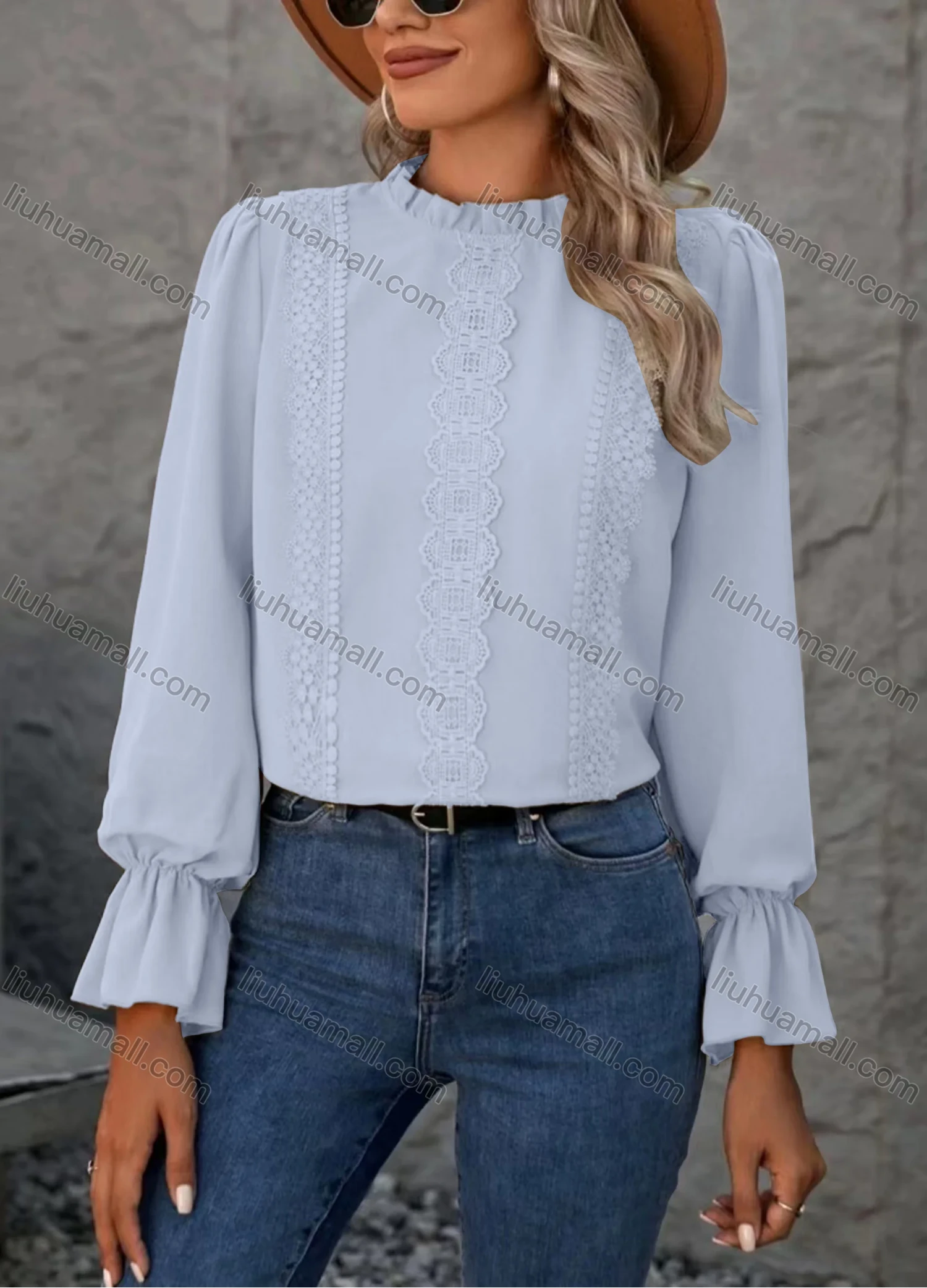 Wholesale Women's Casual Plain Lace Embroidery Long Sleeve Blouse - Liuhuamall