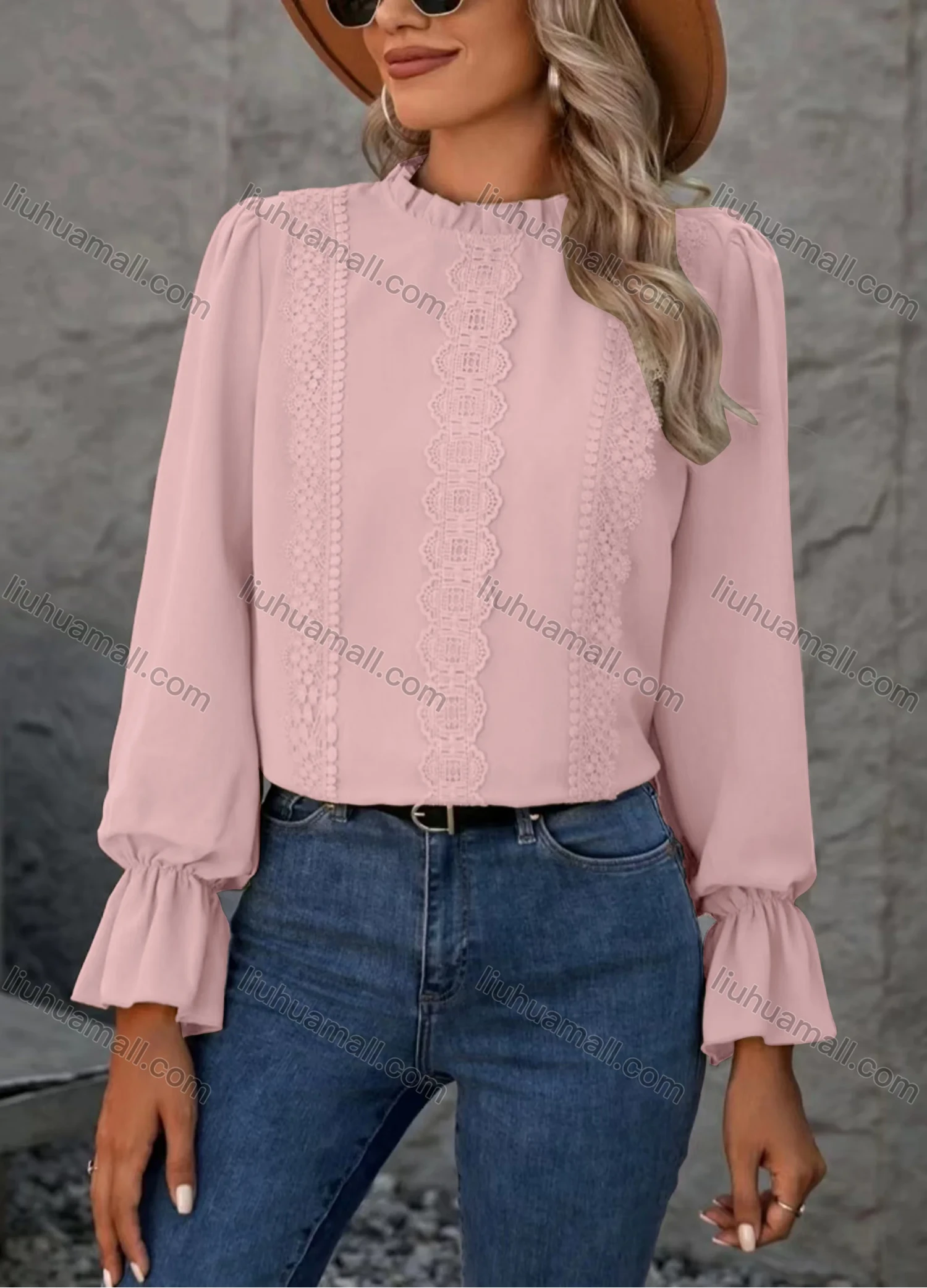 Wholesale Women's Casual Plain Lace Embroidery Long Sleeve Blouse - Liuhuamall