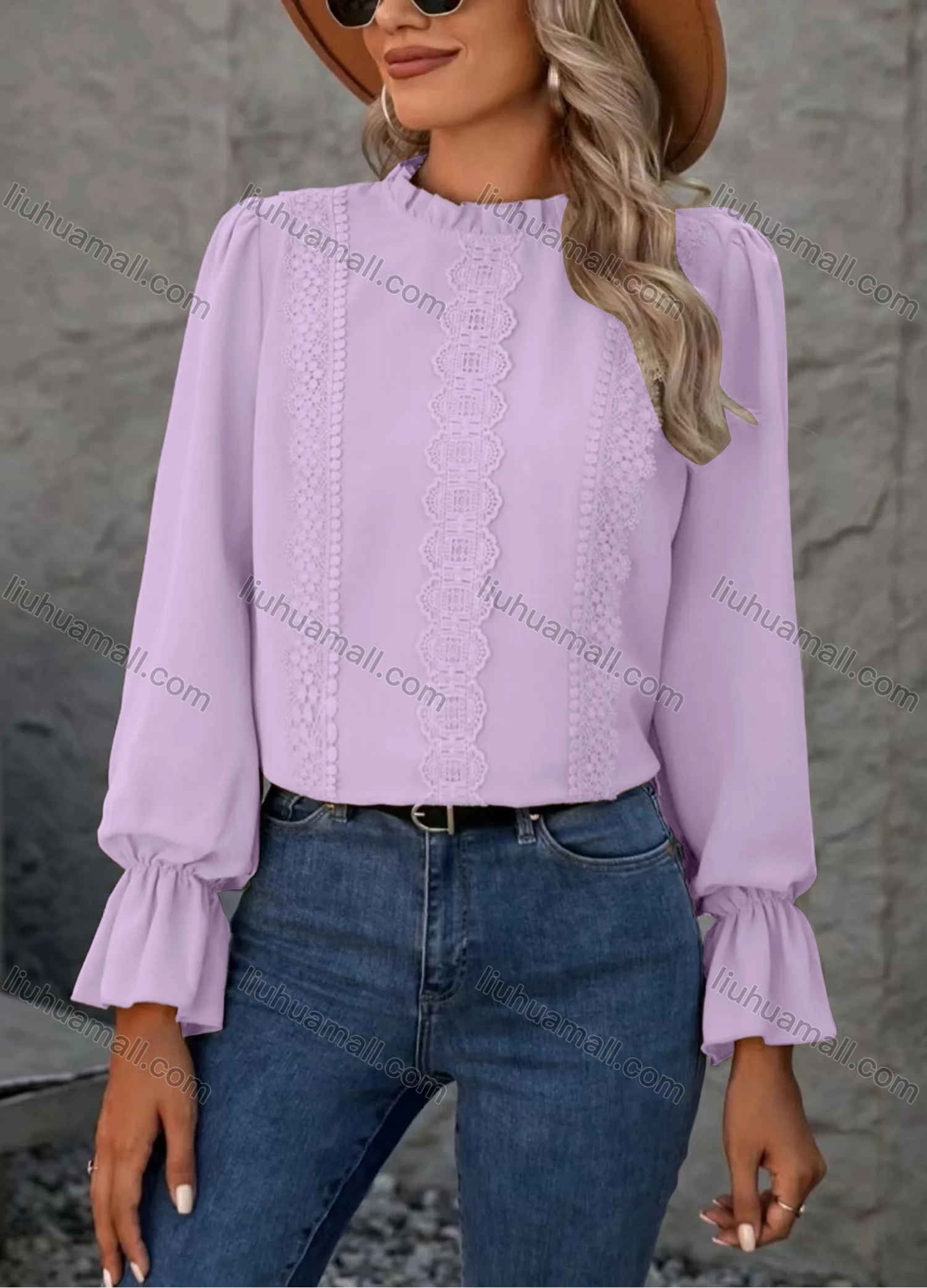 Wholesale Women's Casual Plain Lace Embroidery Long Sleeve Blouse - Liuhuamall