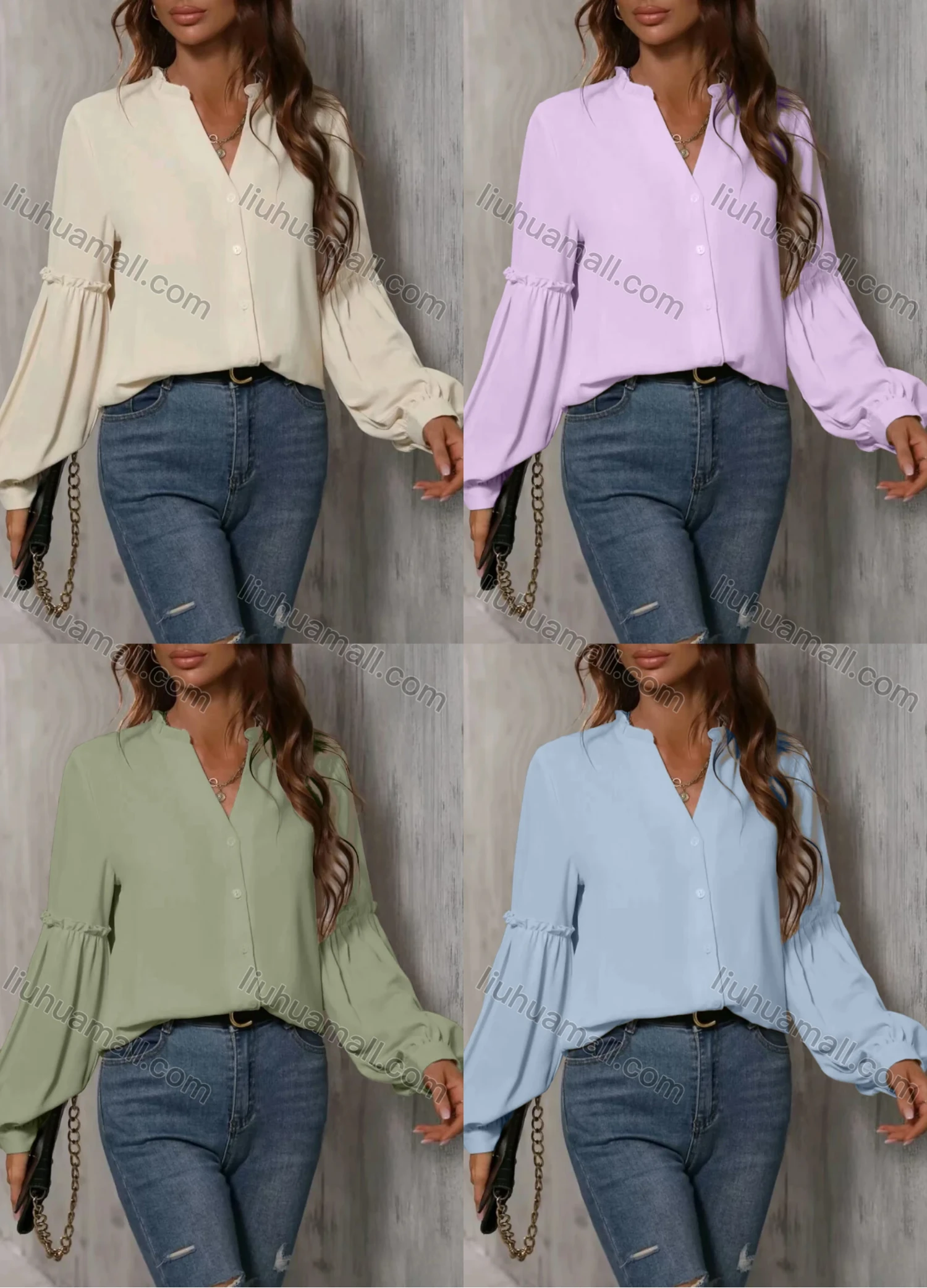 Wholesale Women's Casual Plain V Neck Ruffle Trim Button Down Long Sleeve Blouse - Liuhuamall