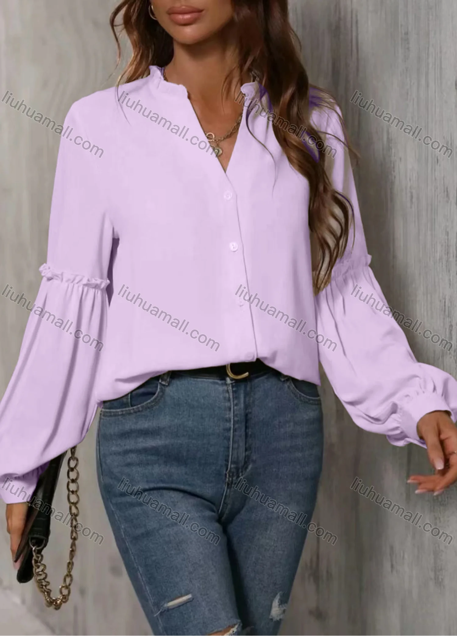Wholesale Women's Casual Plain V Neck Ruffle Trim Button Down Long Sleeve Blouse - Liuhuamall