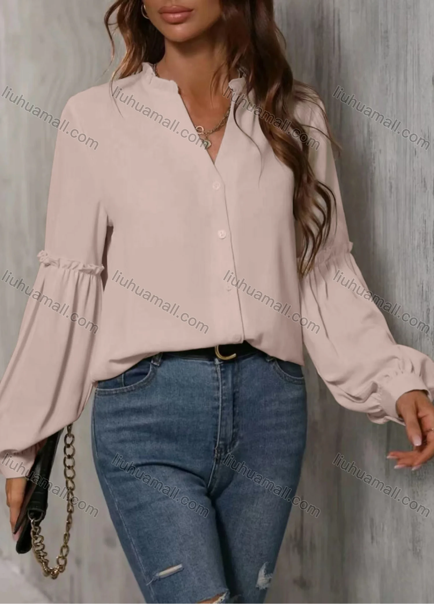 Wholesale Women's Casual Plain V Neck Ruffle Trim Button Down Long Sleeve Blouse - Liuhuamall