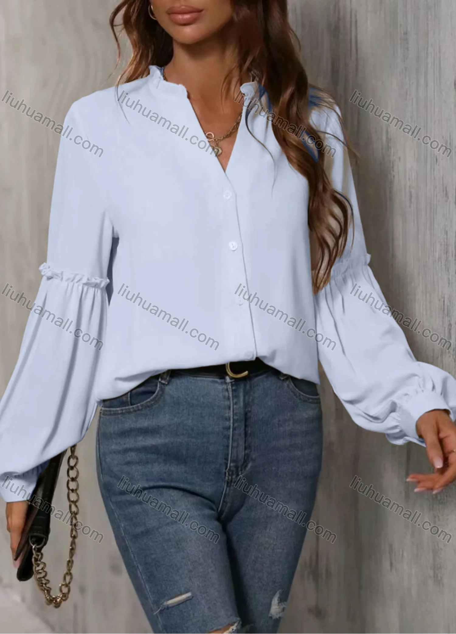 Wholesale Women's Casual Plain V Neck Ruffle Trim Button Down Long Sleeve Blouse - Liuhuamall