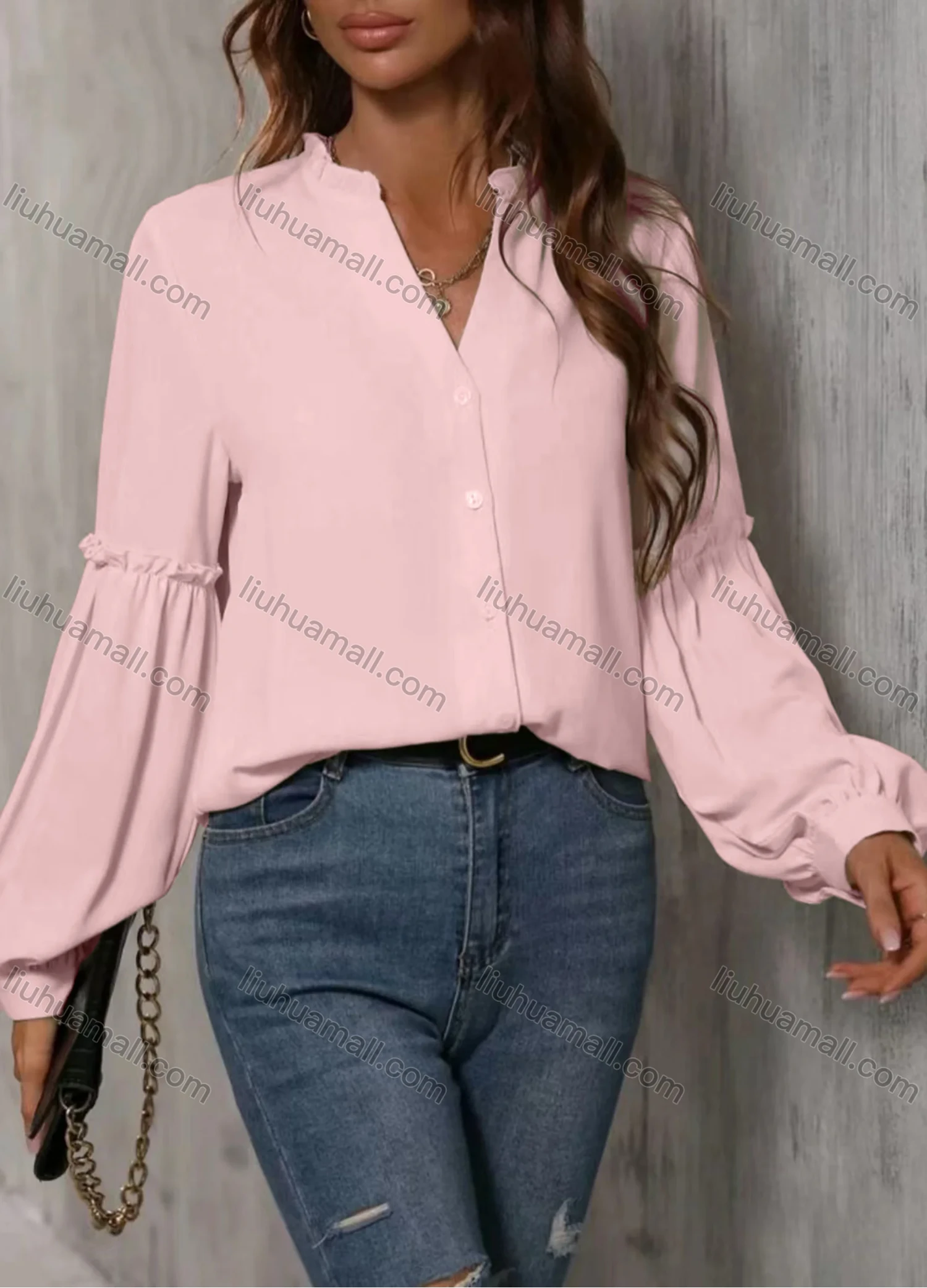 Wholesale Women's Casual Plain V Neck Ruffle Trim Button Down Long Sleeve Blouse - Liuhuamall