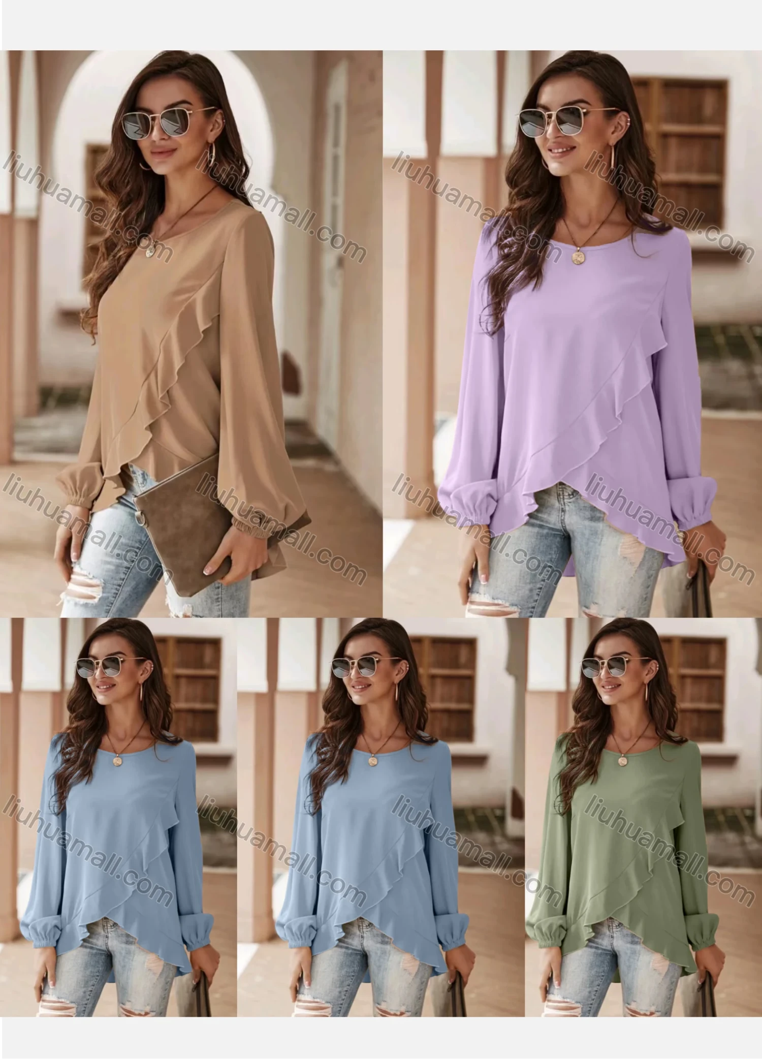 Wholesale Women's Casual Plain Round Neck Ruffle Trim Long Sleeve Crossover Blouse - Liuhuamall