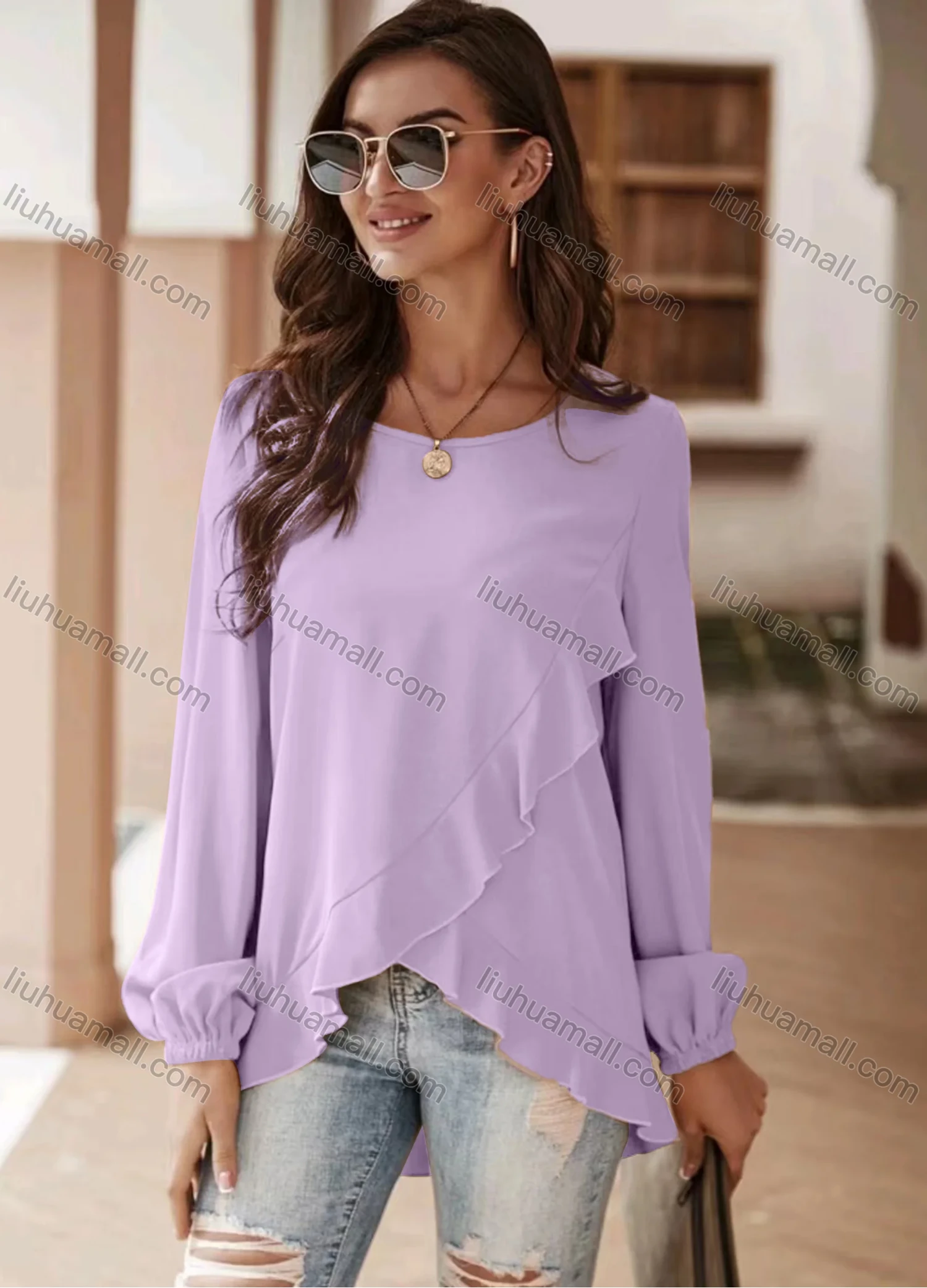 Wholesale Women's Casual Plain Round Neck Ruffle Trim Long Sleeve Crossover Blouse - Liuhuamall