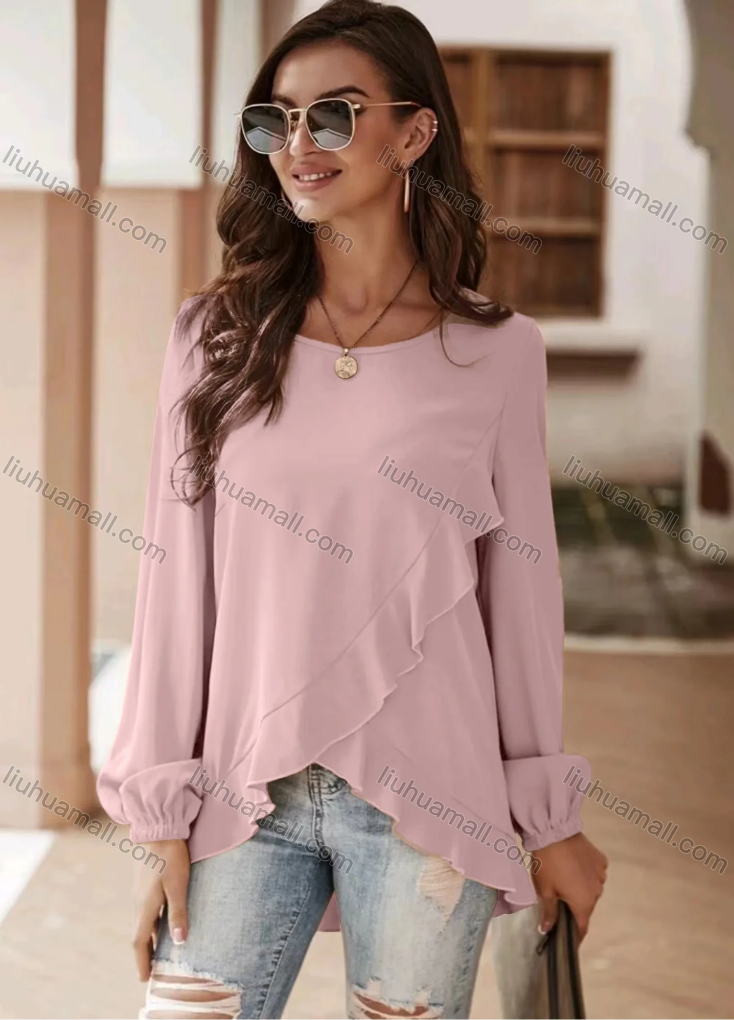 Wholesale Women's Casual Plain Round Neck Ruffle Trim Long Sleeve Crossover Blouse - Liuhuamall