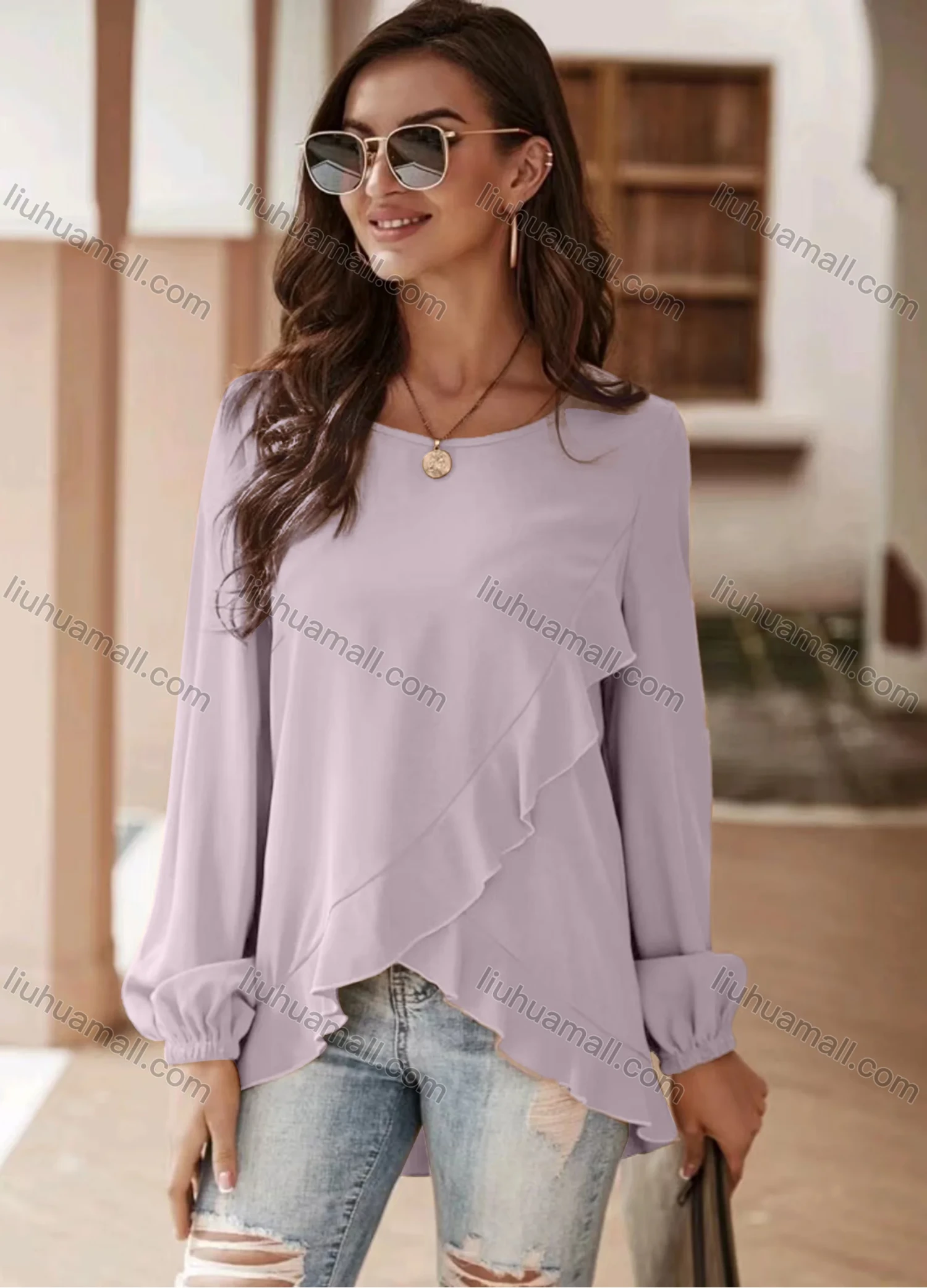 Wholesale Women's Casual Plain Round Neck Ruffle Trim Long Sleeve Crossover Blouse - Liuhuamall