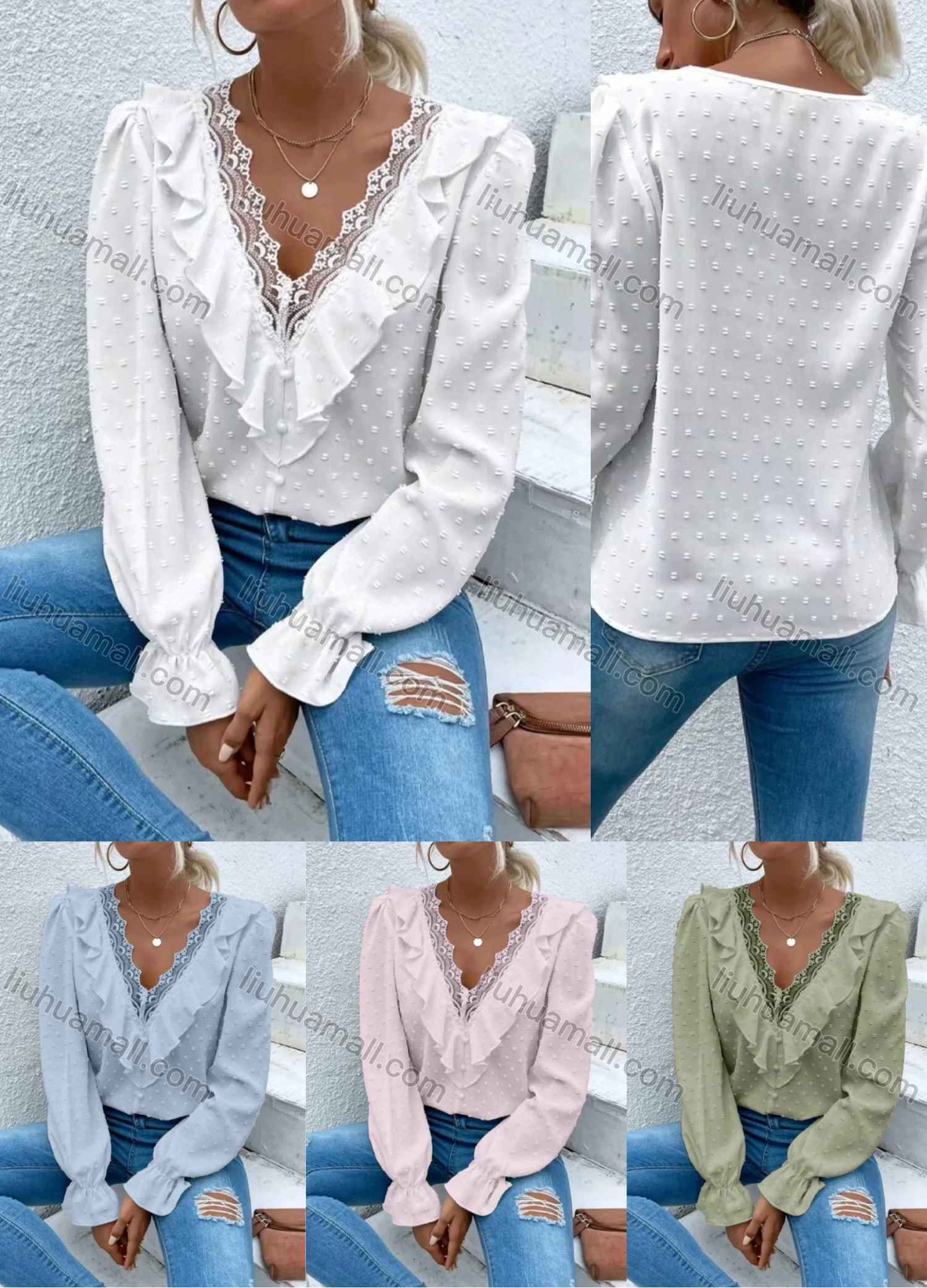 Wholesale Women's Casual Plain Swiss Dot V Neck Lace Trim Ruffle Trim Long Sleeve Blouse - Liuhuamall