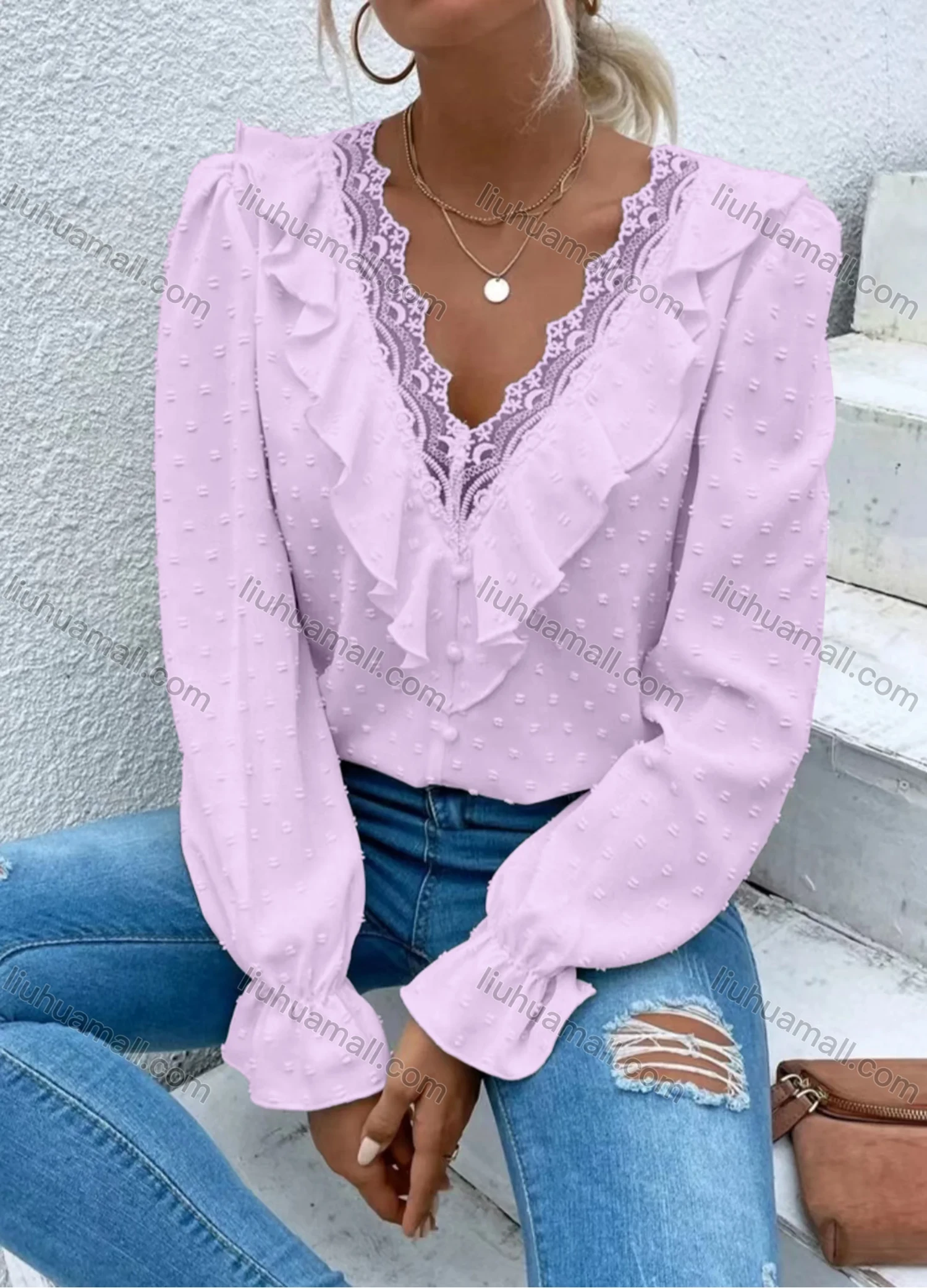 Wholesale Women's Casual Plain Swiss Dot V Neck Lace Trim Ruffle Trim Long Sleeve Blouse - Liuhuamall