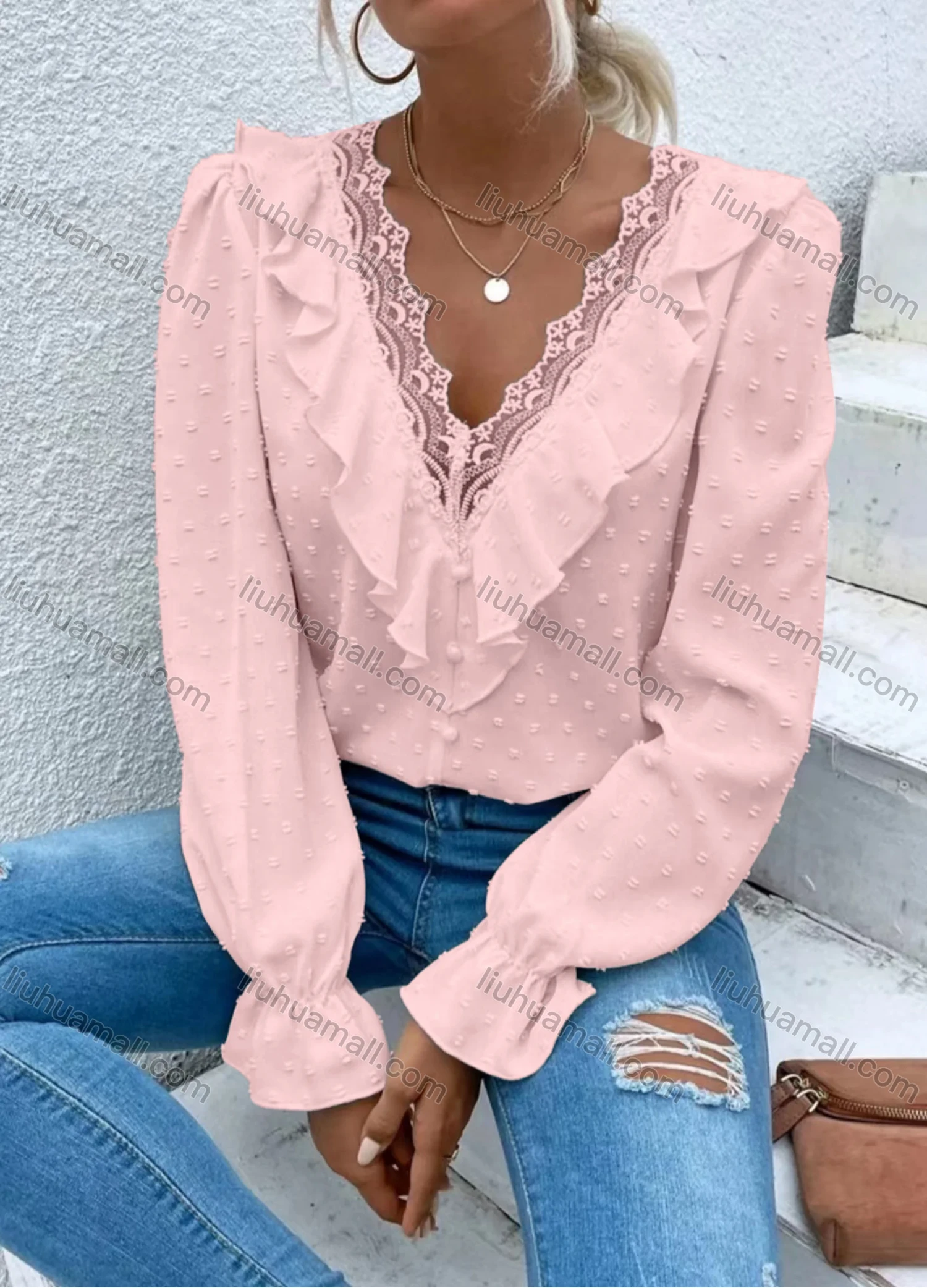 Wholesale Women's Casual Plain Swiss Dot V Neck Lace Trim Ruffle Trim Long Sleeve Blouse - Liuhuamall