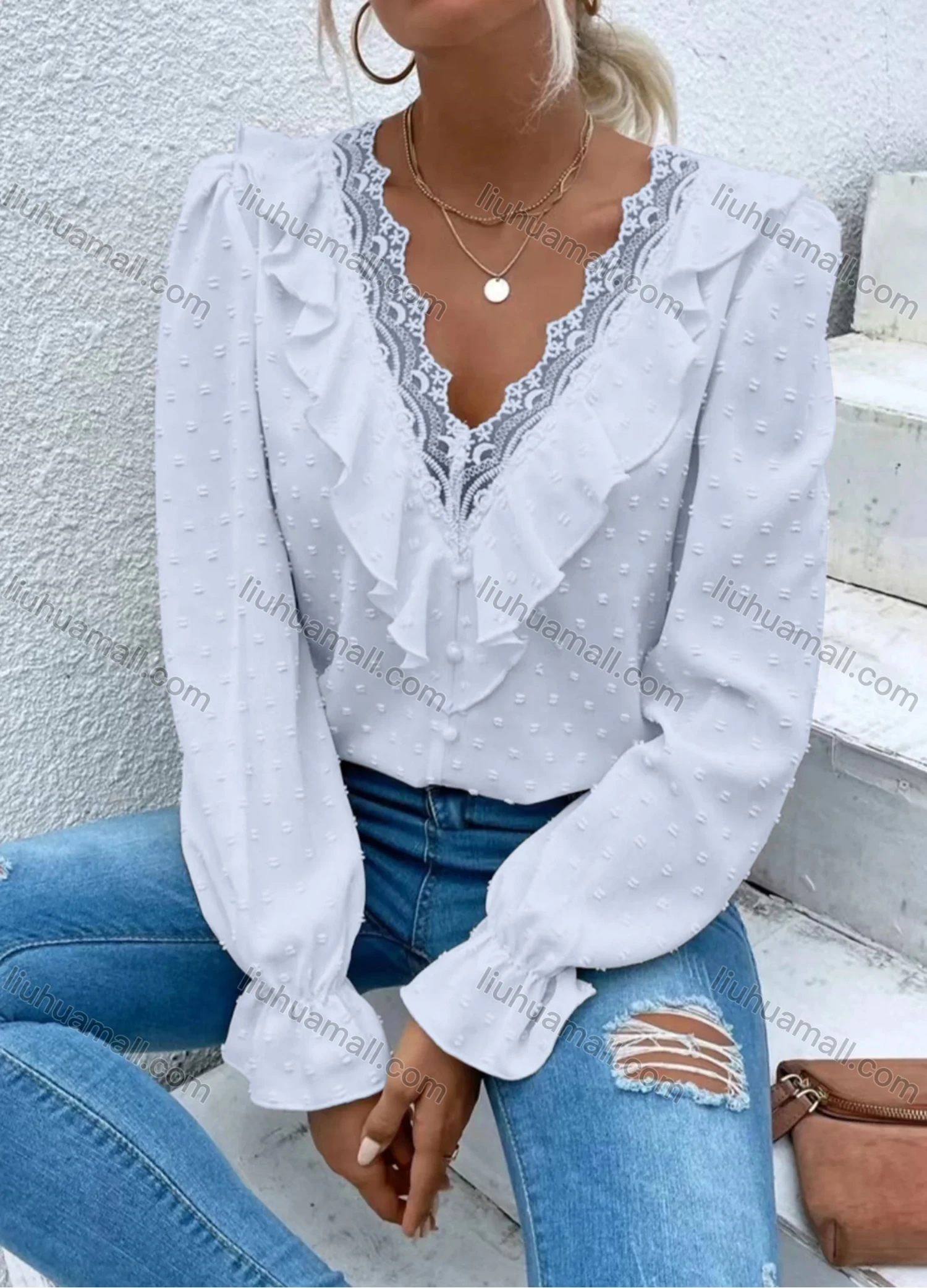 Wholesale Women's Casual Plain Swiss Dot V Neck Lace Trim Ruffle Trim Long Sleeve Blouse - Liuhuamall